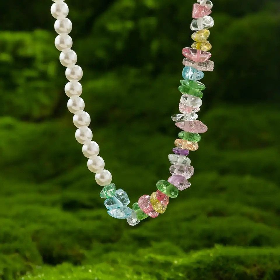 Jewelry Transparent Colorful Glass Crystal Pearl Choker Necklace Size ONE SIZE - 5 Thumbnail