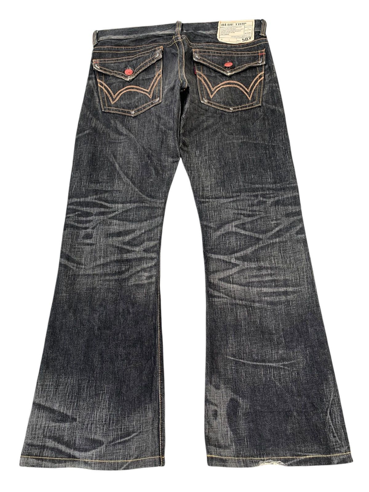 Edwin RARE💥EDWIN 503 FLARE BLUE TRIP CLAWNMARK MUDWASH DENIM Size US 35 - 5 Thumbnail