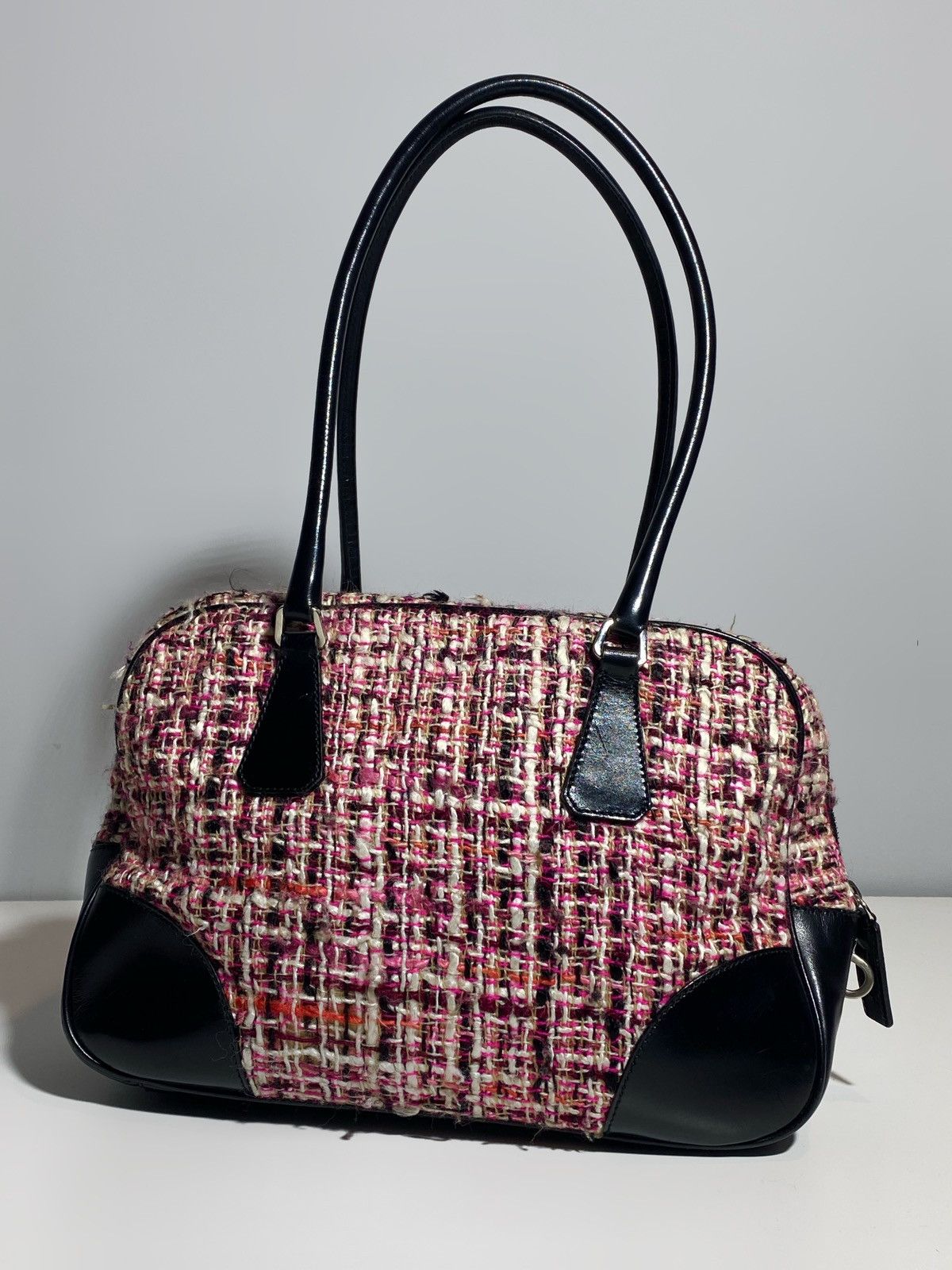 Prada Prada Boston Bag Triangle Logo Plate Tweed Size ONE SIZE - 8 Thumbnail