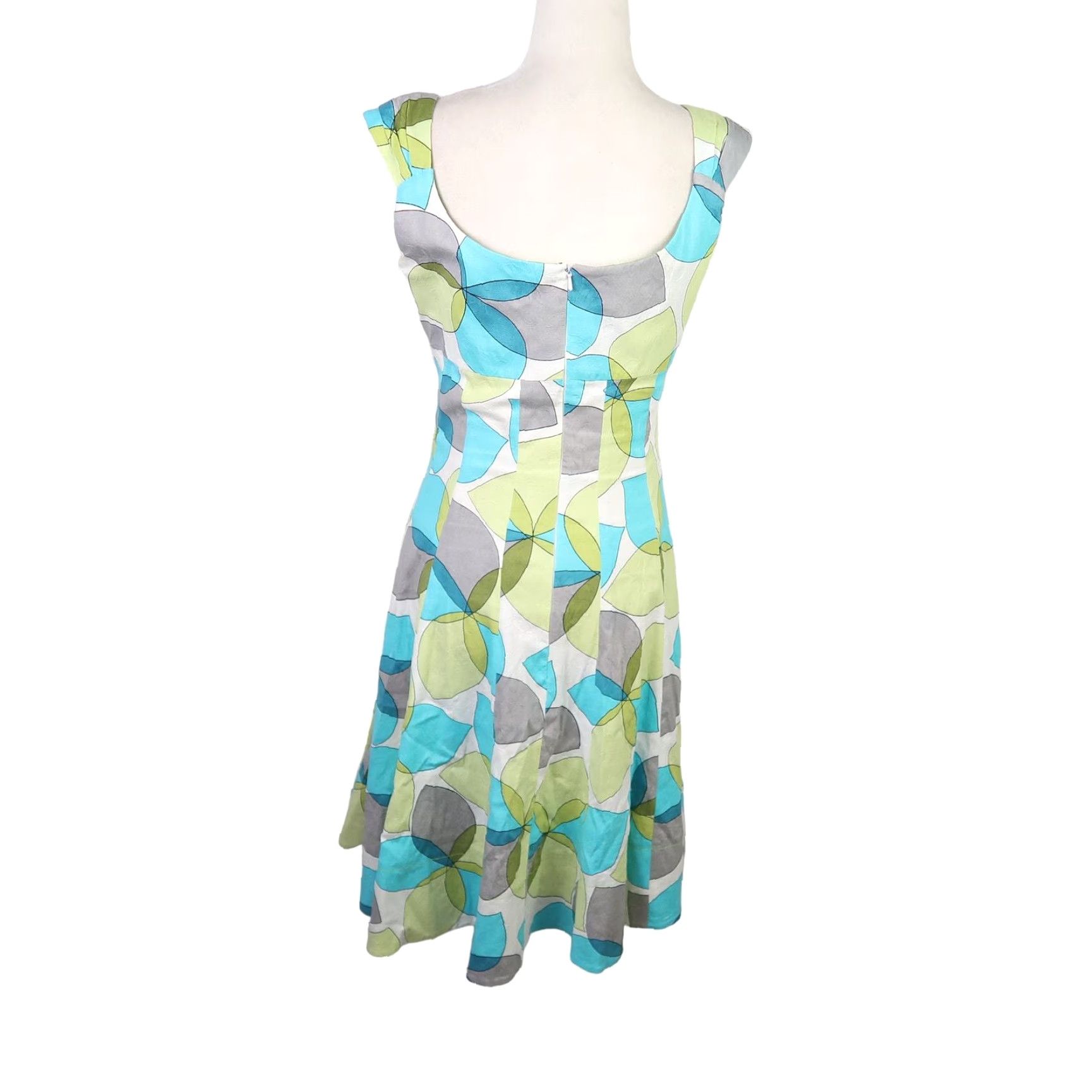 MAGGY LONDON VINTAGE Maggy London A-Line Dress Sleeveless 6 Women Green Cream Blue Abstract Circle Print Knee Length Cotton Pockets 90s Size M / US 6-8 / IT 42-44 - 4 Thumbnail