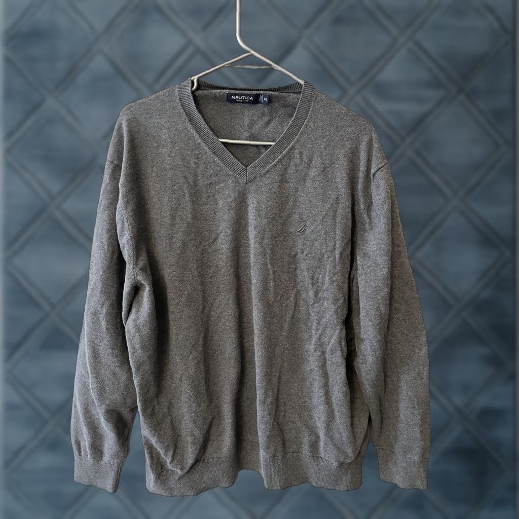 Nautica Nautica Men's XXL Gray Textured V-Neck Long Sleeve Sweater 100% Cotton Knit Style Classic Modern Size US XXL / EU 58 / 5 - 1 Thumbnail