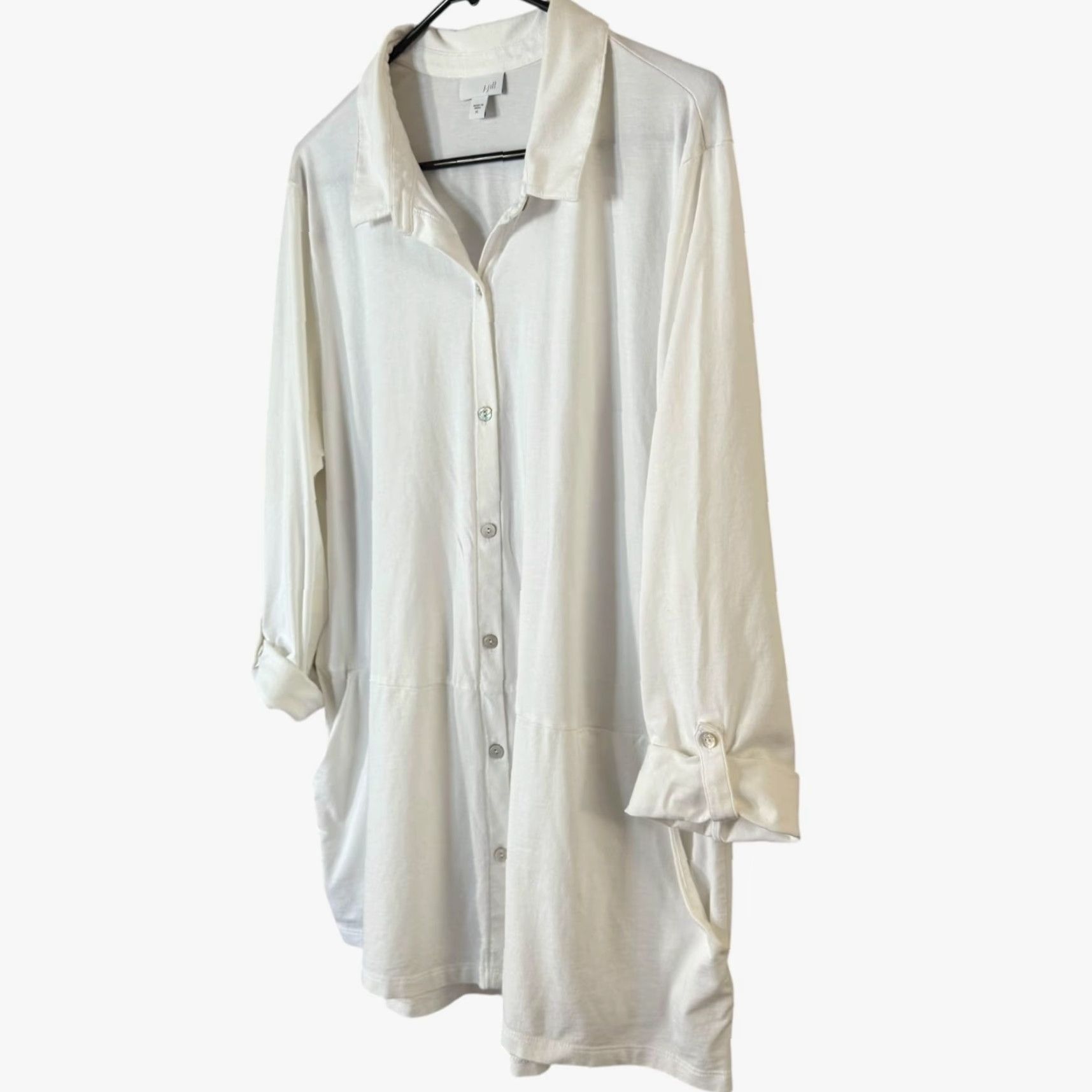 J. Jill J.Jill Pima Cotton Button-Up Tunic Shirt White Women's XL Long Sleeve Roll-Tab Casual Size XL / US 12-14 / IT 48-50 - 2 Thumbnail