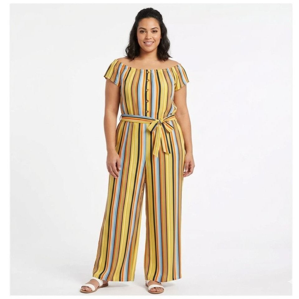 Other Eye Candy Multicolor Striped Off-Shoulder Jumpsuit Size 1X Size 40" / US 18 - 1 Thumbnail