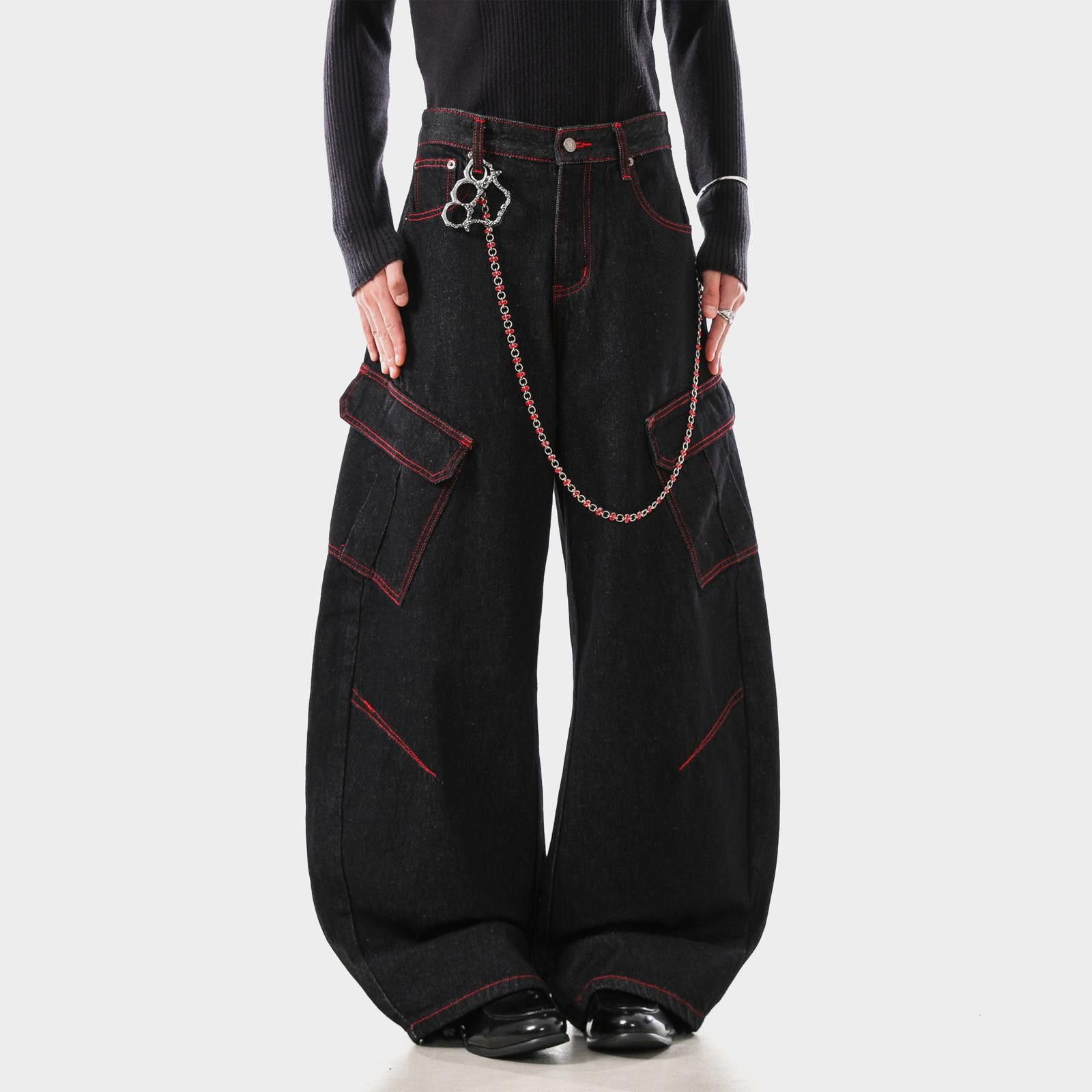 Vintage Black Wide Leg Cargo Pants with Chain Detail Size US 32 / EU 48 - 2 Thumbnail