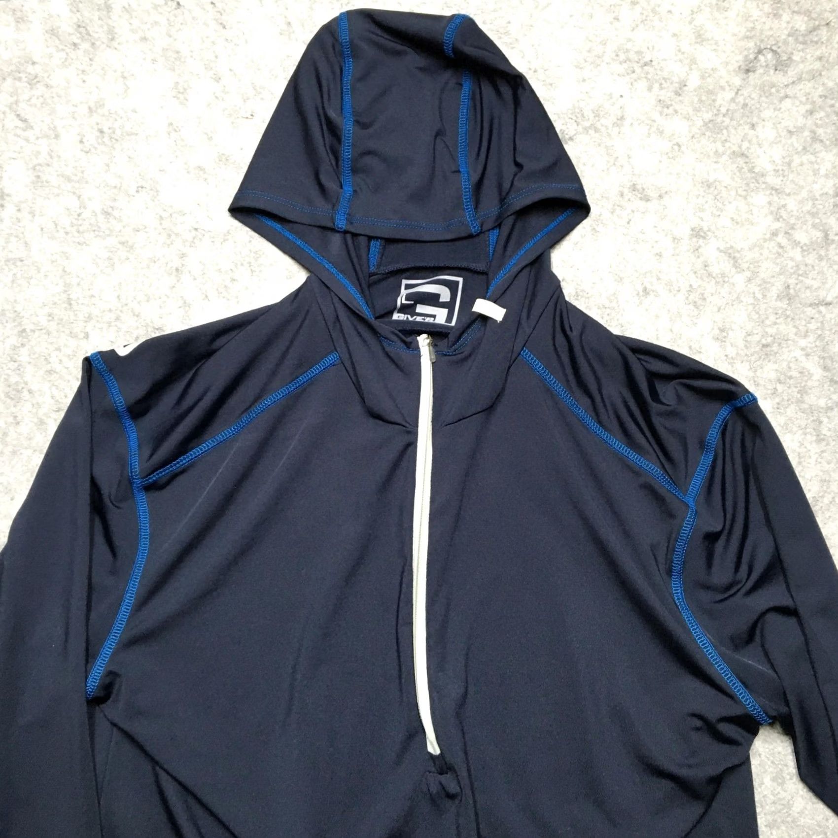 Layer 8 Give'r Pullover Hoodie Men Large Athletic Running Thumb Holes Outdoor Navy Blue 1/4 Zip Slit Hooded Sleeves Size US L / EU 52-54 / 3 - 4 Thumbnail