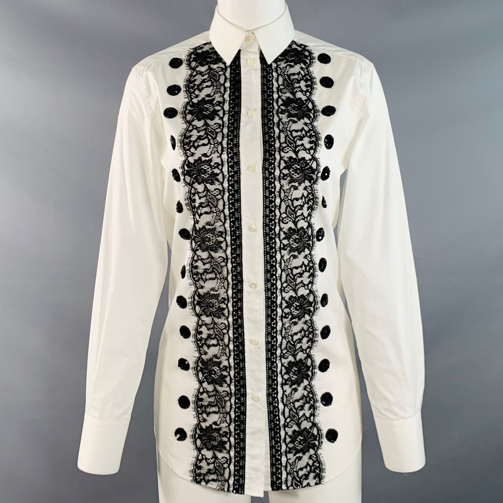 Dolce & Gabbana XS White Black Cotton Blend Lace Trim Sequins Button Up Size XS / US 0-2 / IT 36-38 - 1 Thumbnail