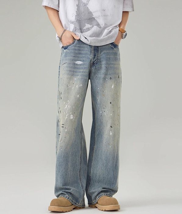 Vintage American ink-splatter wash men's street wide-leg baggy jeans Size US 32 / EU 48 - 1 Thumbnail
