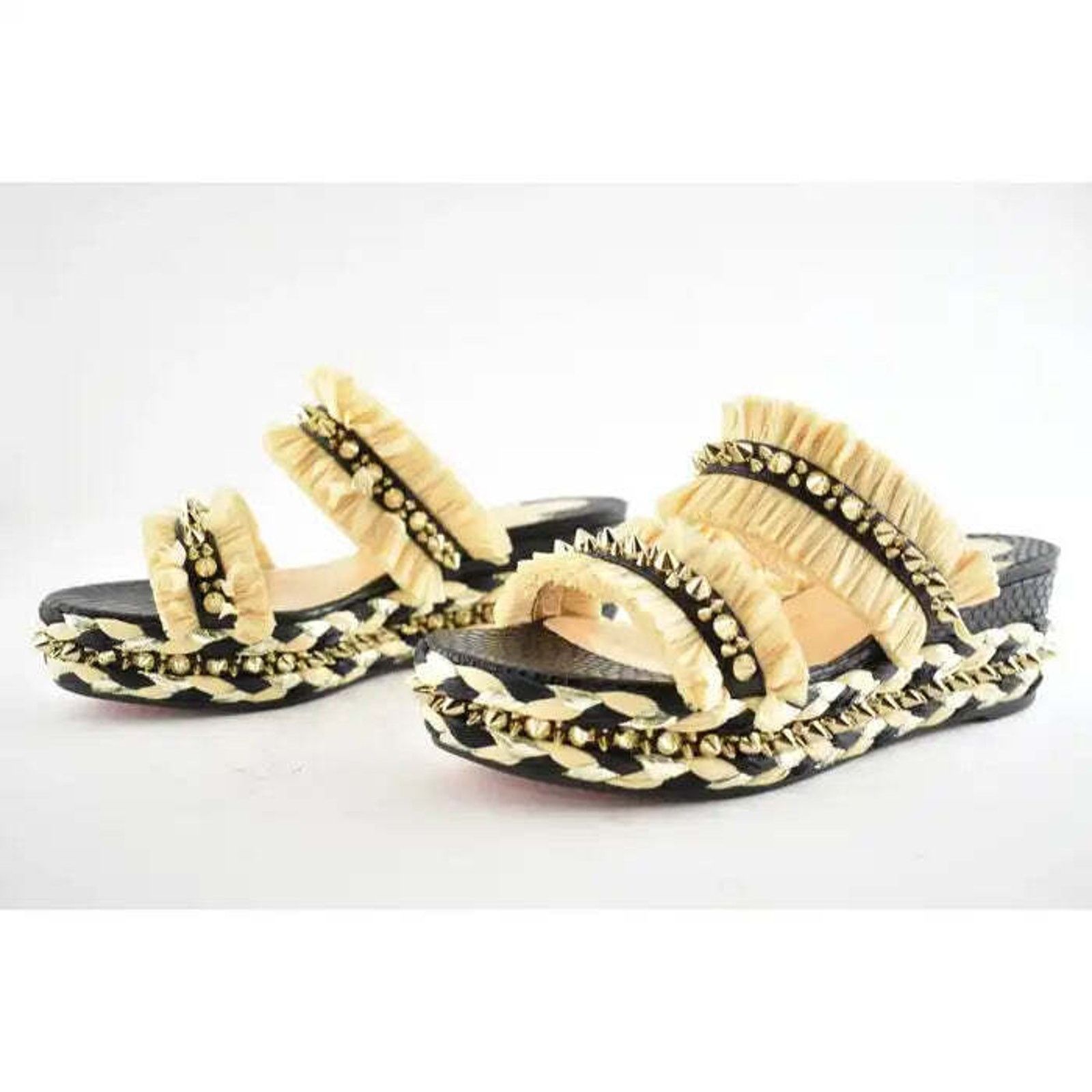 Christian Louboutin Voltinoudou 60 Black Raffia Wedge Slide Mule Sandal Heel 37 Size US 7 / IT 37 - 9 Thumbnail