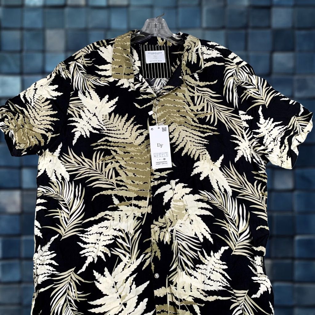 Denime Denim & Flower Shirt Mens XL Black Tropical Leaf Aloha Short Sleeve Button Front Size US XL / EU 56 / 4 - 1 Thumbnail