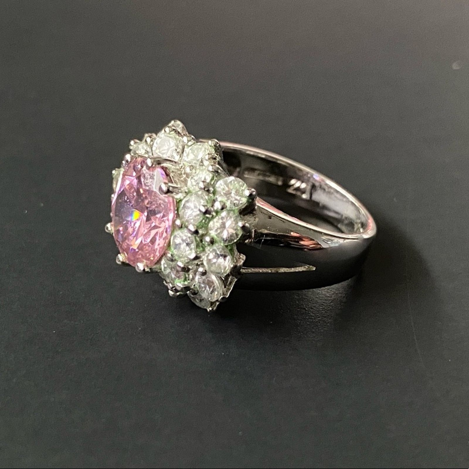 Vintage Costume Pink Rose Quartz And CZ Stone Ring Size ONE SIZE - 6 Thumbnail
