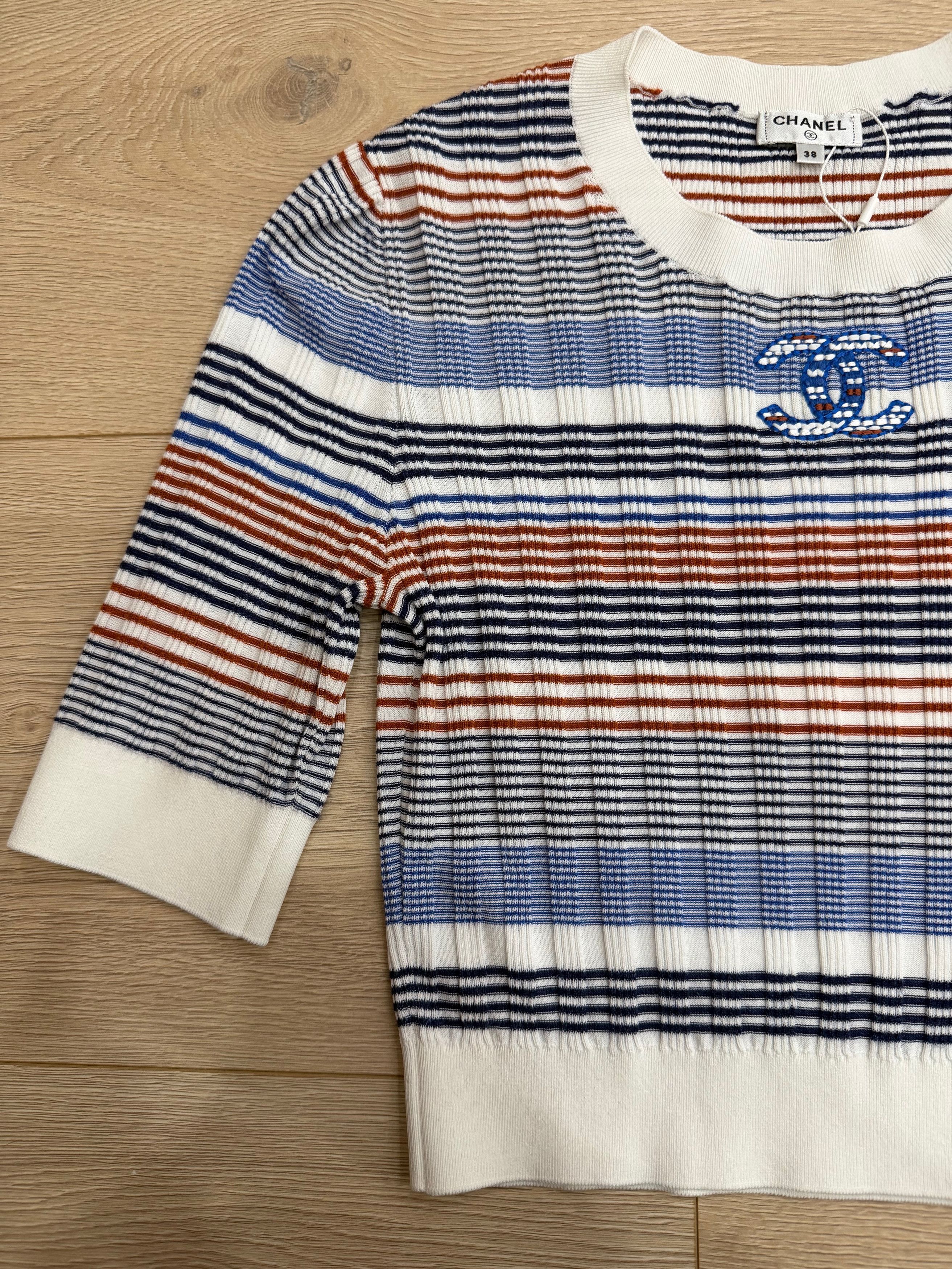Chanel 21C White Orange Striped CC Logo Top Short Pullover Shirt 38 Size XS / US 0-2 / IT 36-38 - 9 Thumbnail