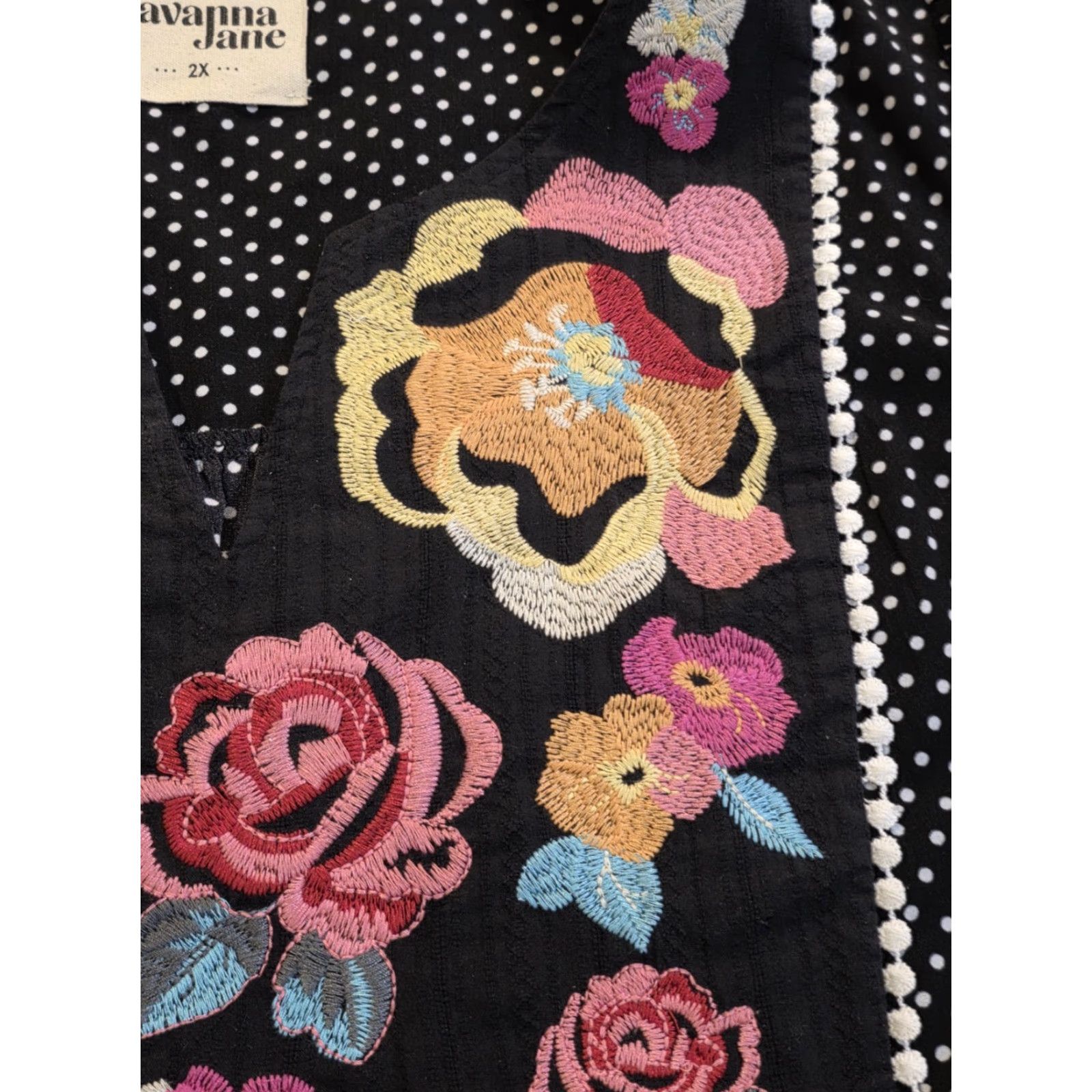 Vintage Savanna Jane Blouse Tunic Black 2XL Womens Embroidered Floral Polka Dot V-Neck 3/4 Sleeve Bohemian Casual Dressy Size XXL / US 16-18 / IT 52-54 - 4 Thumbnail