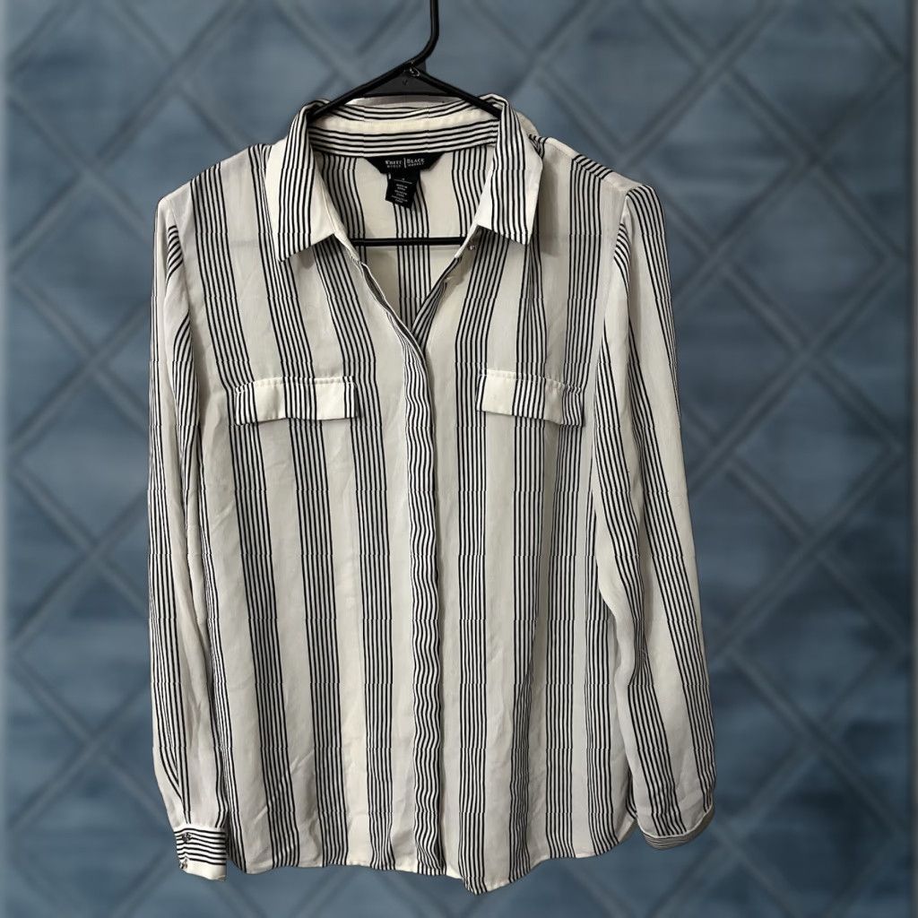 White House Black Market WHBM Blouse Shirt Striped Button Front Top Womens Long Sleeve Collared Back Cutout White Black Market Size 4 - White House Black Market Size S / US 4 / IT 40 - 1 Thumbnail