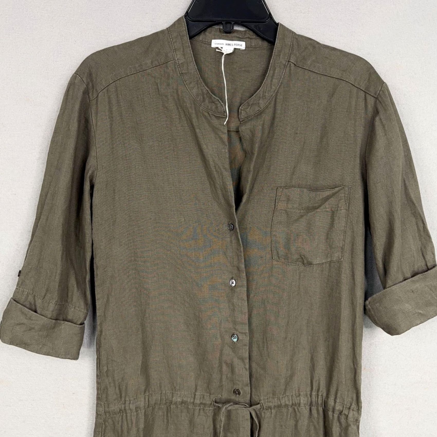 James Perse VINTAGE James Perse Shirt Dress Womens S Green Linen Button Front Tunic 3/4 Sleeve Rounded Neck Pockets Lightweight Casual Size S / US 4 / IT 40 - 2 Thumbnail