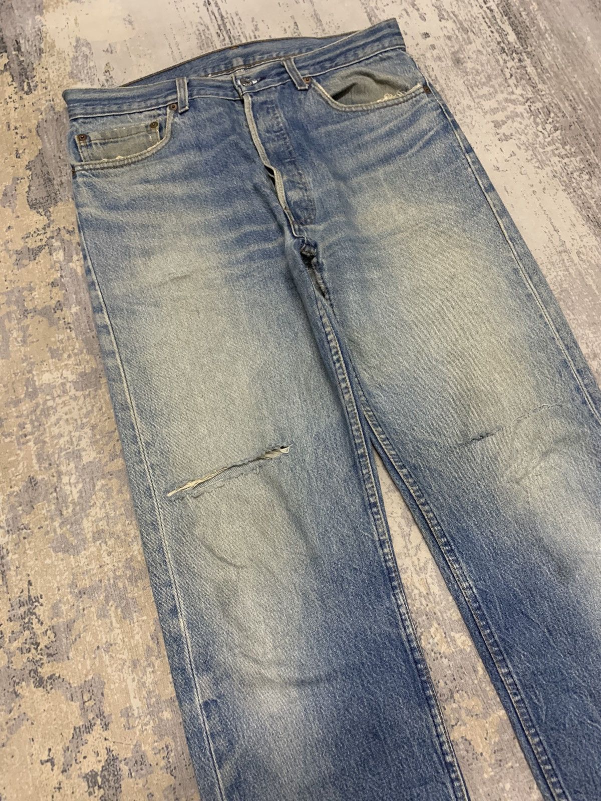 Jean Vintage 80s Sashiko Reworked Levis 501 Distressed Jeans Size US 34 / EU 50 - 2 Thumbnail