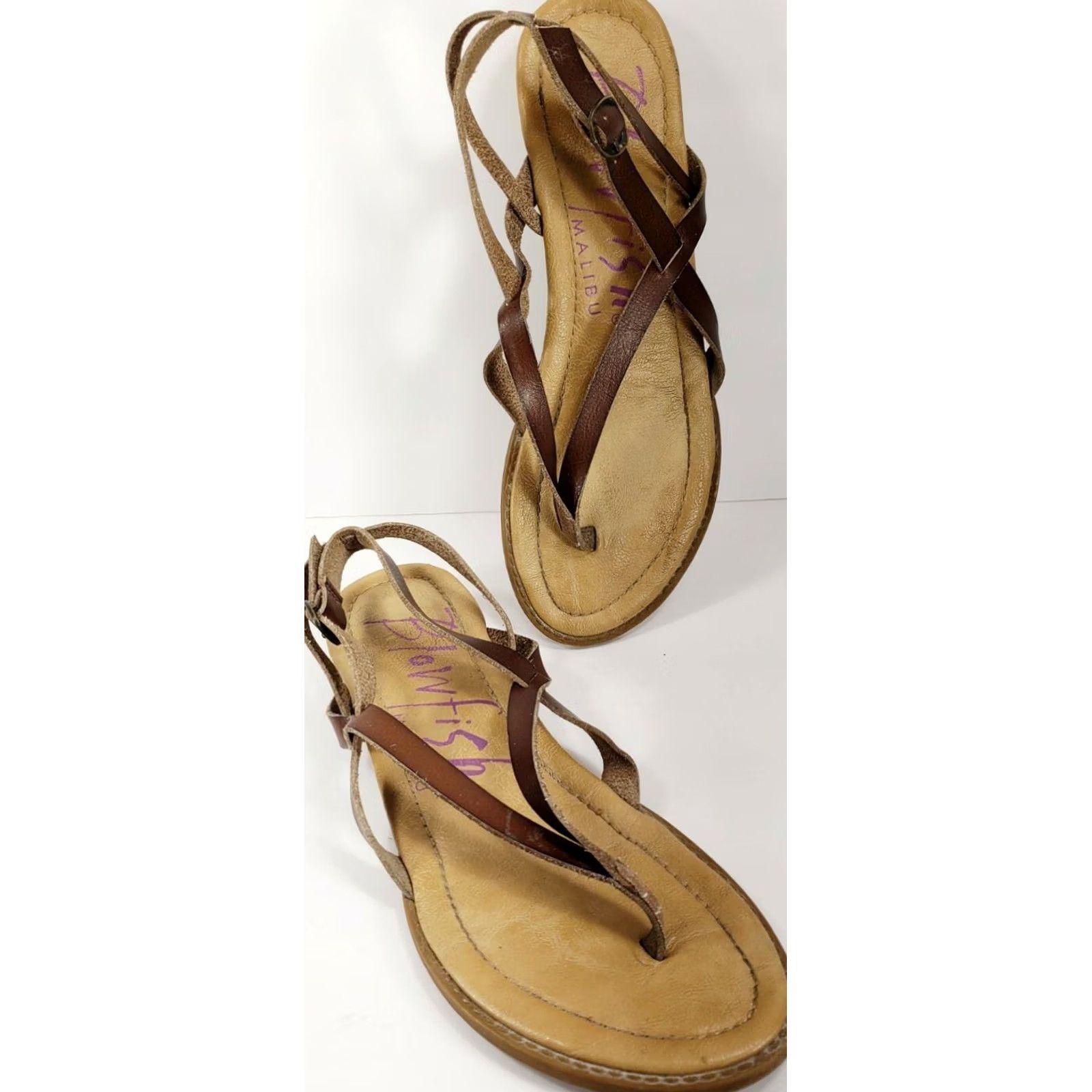 Vintage Blowfish Strappy Flat Sandal Brown Leather Slingback Women's 8.5M Size US 9 / IT 39 - 2 Thumbnail