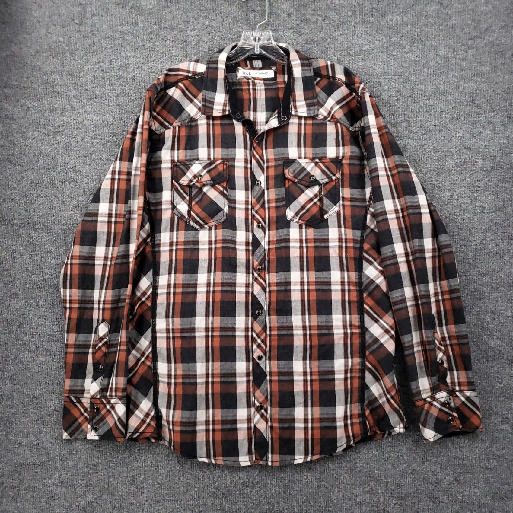 Vintage Buckle BKE Shirt Mens XL Orange Plaid Western Pearl Snap Button Up Standard Fit Size US XL / EU 56 / 4 - 2 Thumbnail