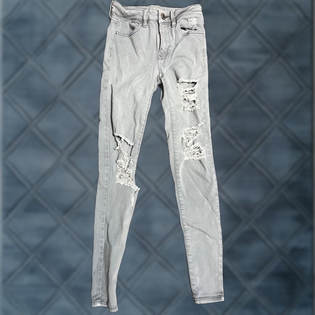 American Eagle Outfitters American Eagle Leggings High Rise Stretch Size 0 Gray Denim Destroyed Womens Size 25" / US 0 / IT 36 - 1 Thumbnail