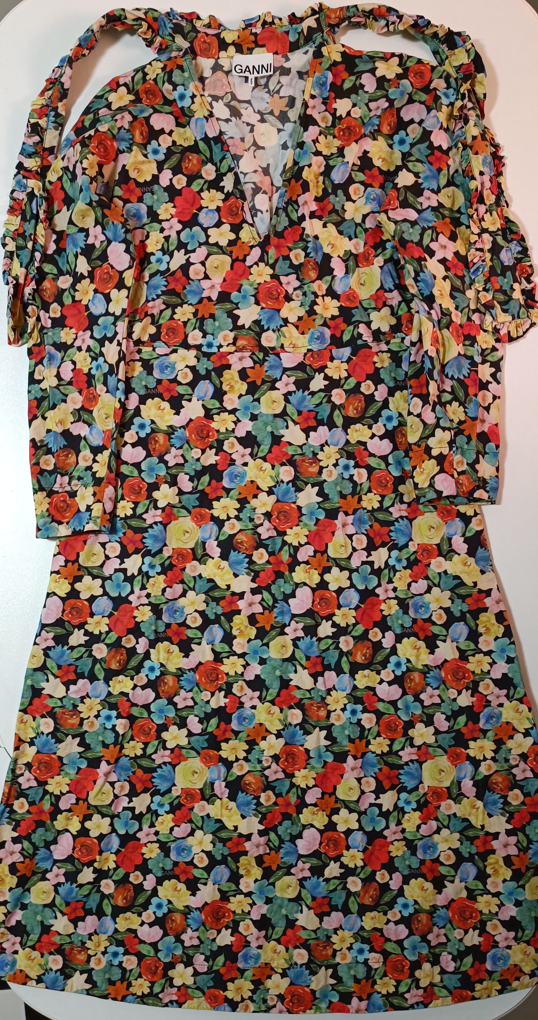 Ganni Tie-Neck Multicolor Floral - Print Cotton -Poplin Maxi Dress Size S / US 4 / IT 40 - 21 Thumbnail