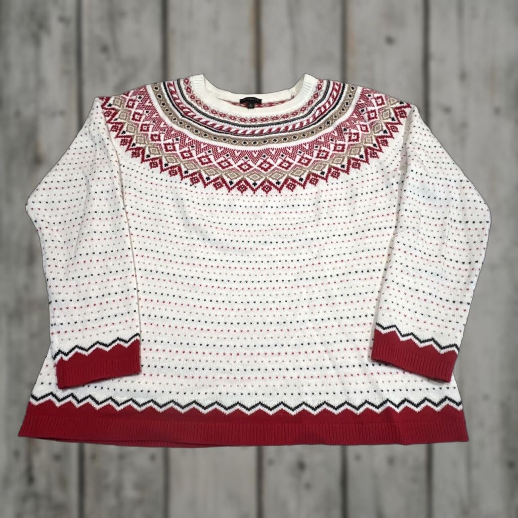 Talbots Talbots Fair Isle Crew Neck Lamb Wool Knit Sweater Large Red Cream & Black Shirt Womens L Multicolor Holiday Preppy Casual Knit Pullover Size L / US 10 / IT 46 - 1 Thumbnail