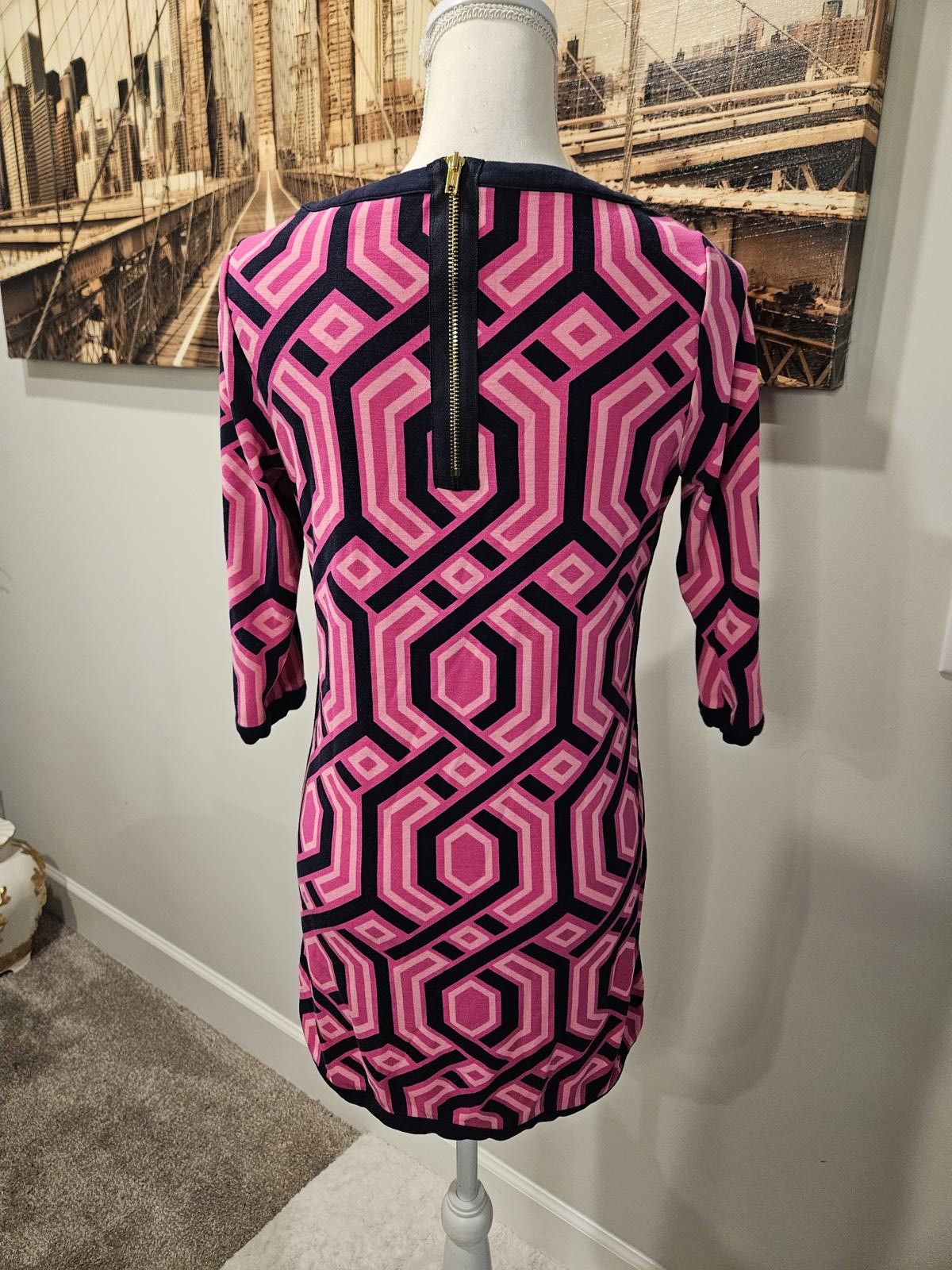 Designer Crown & Ivy Geometric Patterned Dress - Pink & Navy #268 Size XS / US 0-2 / IT 36-38 - 4 Thumbnail