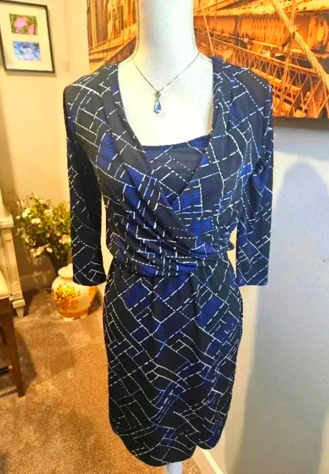 Designer WHBM Black and Blue Printed Dress with 3/4 Sleeves #H25 Size XXS / US 00 / IT 34 - 1 Thumbnail