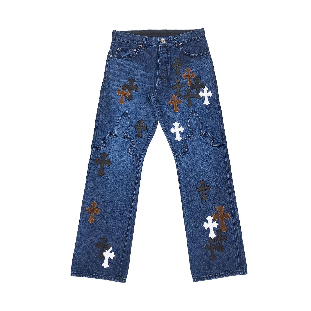 Chrome Hearts Chrome Hearts Black & White & Brown Patch Flame Knee Jeans Size US 32 / EU 48 - 1 Thumbnail