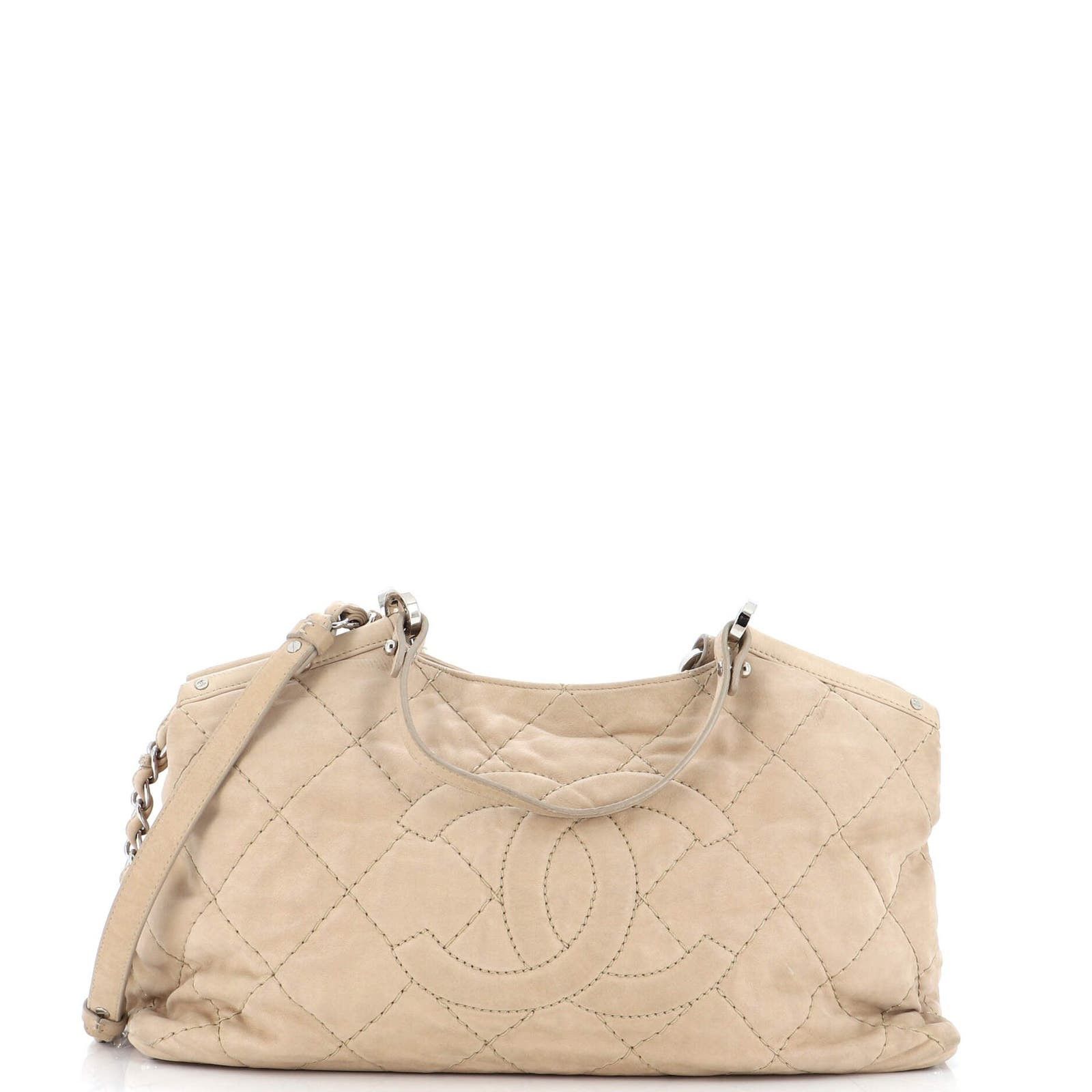 image of Chanel Cc Sea Hit Tote Quilted Iridescent Calfskin Small in Neutral, Women's