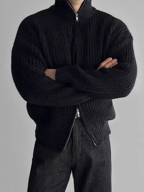 Japanese Brand Vintage Double Zipper Black L Knit Stand-Up Jacket Coat Size US L / EU 52-54 / 3 - 8 Thumbnail