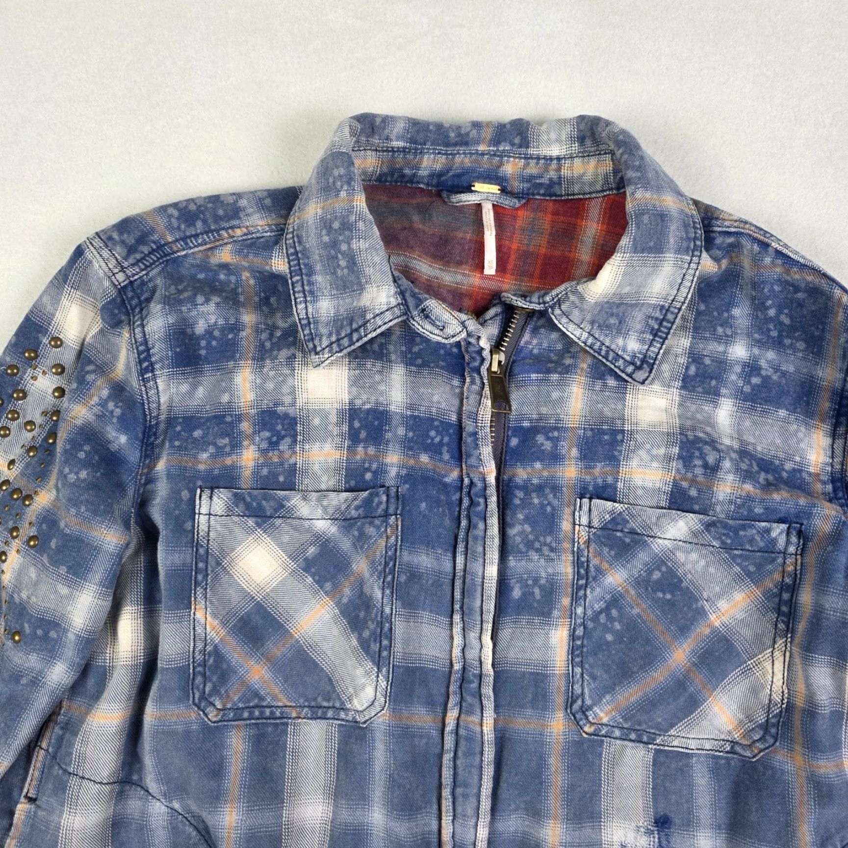 Free People Free People Destructed Jacket Womens XS Plaid Oversized Zip Shacket Distressed Blue Multicolor Size XS / US 0-2 / IT 36-38 - 4 Thumbnail