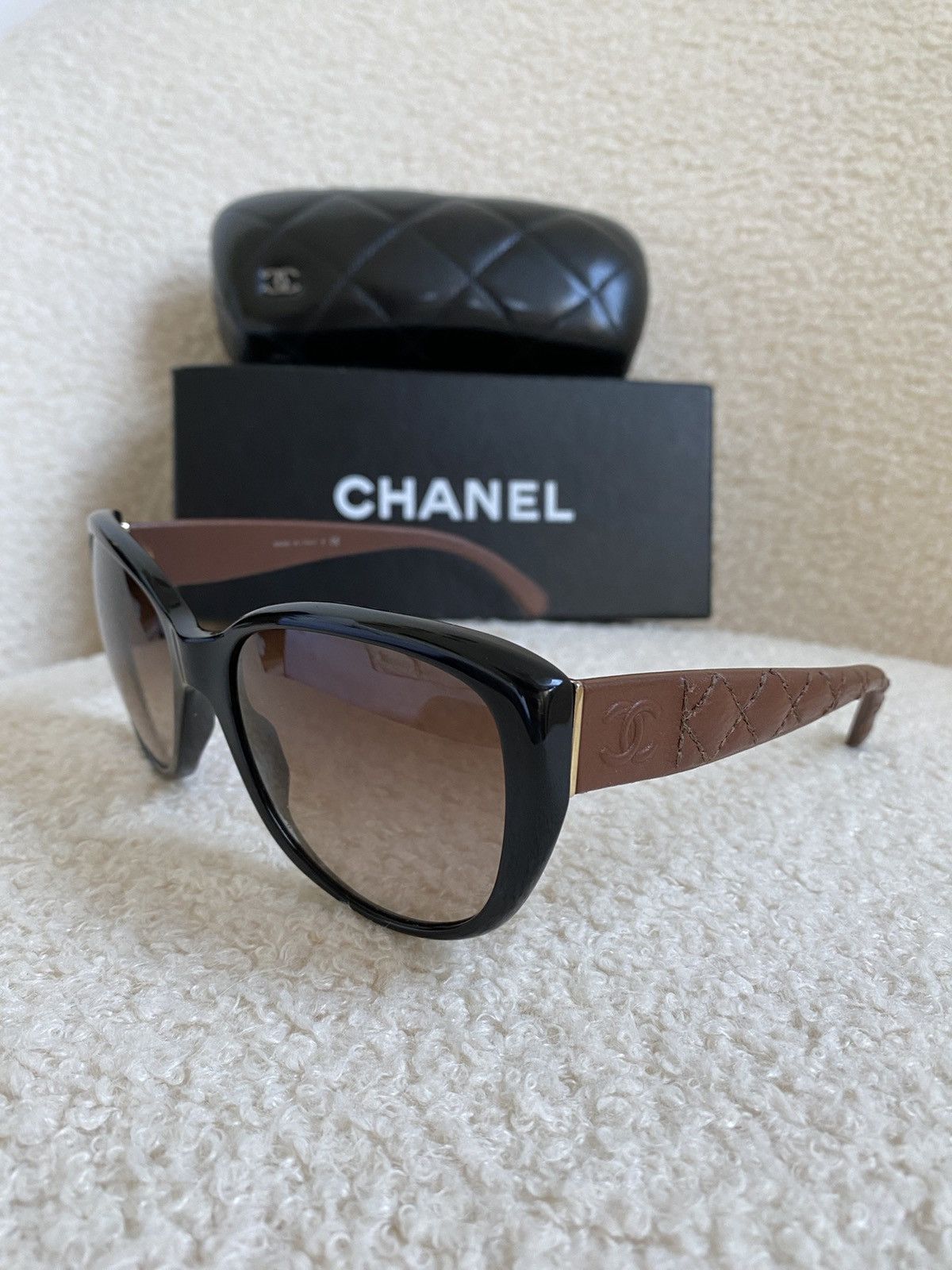 image of Chanel Cc 5199-Q Quilted Brown Leather Sunglasses in Black/Brown, Women's