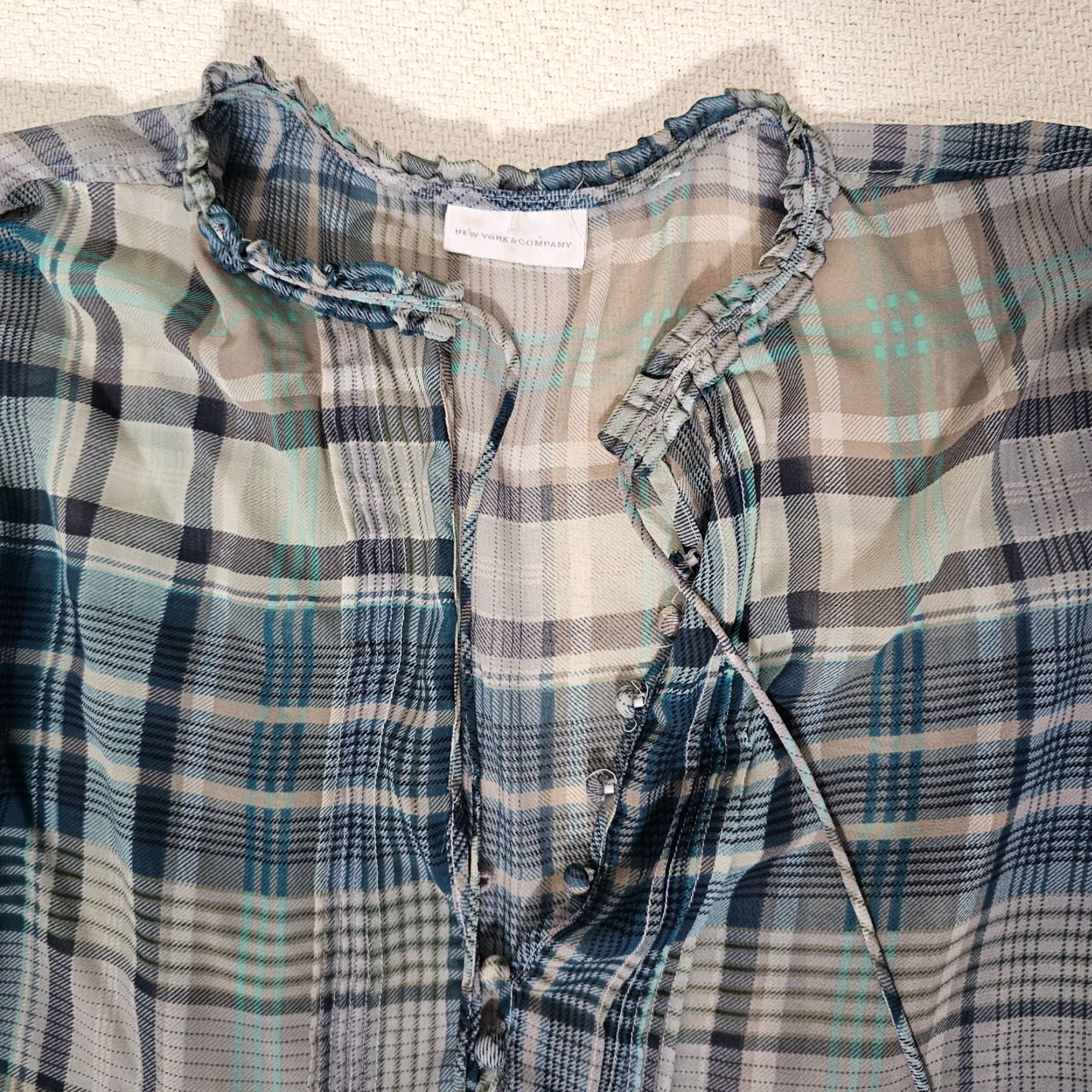 Vintage New York & Company Blouse Women's Large Blue Plaid V Neck Roll Tab Sleeve Sheer Size L / US 10 / IT 46 - 7 Thumbnail