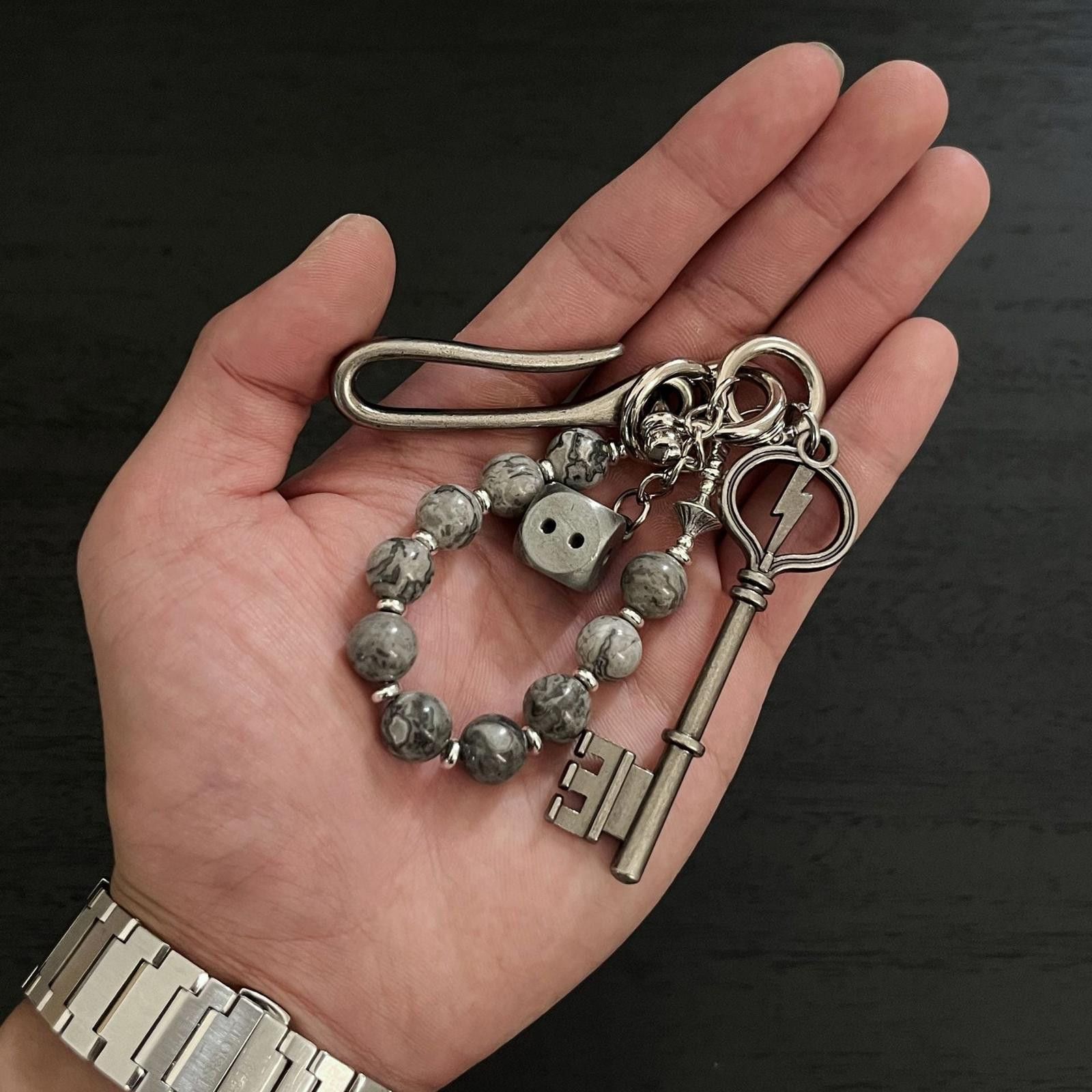Jewelry Silver Keychain with Marble Beads, Men's Accessory Charm Size ONE SIZE - 4 Thumbnail