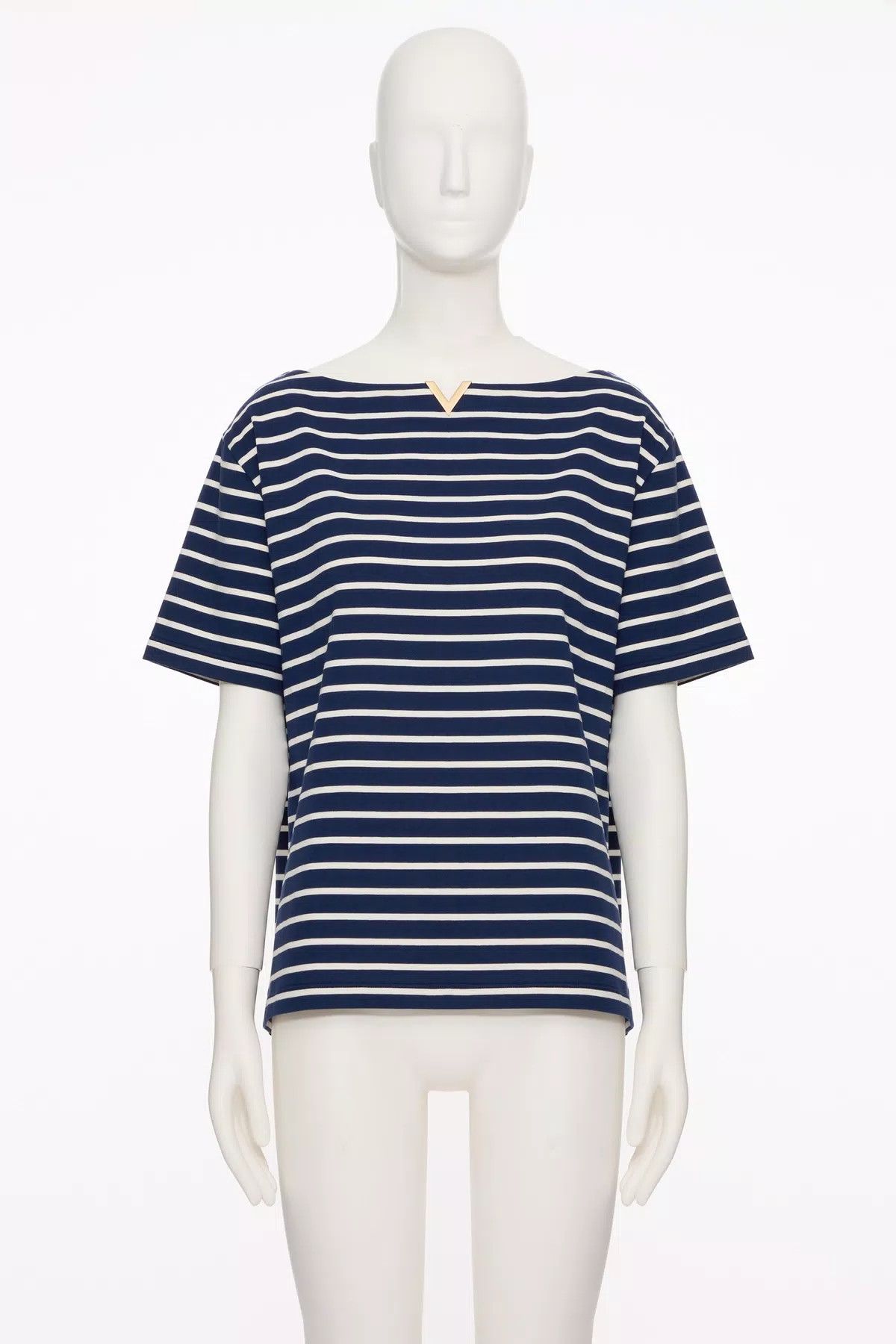 Valentino o1s1wg110625 Striped Cotton Jersey Top in Navy Blue Size M / US 6-8 / IT 42-44 - 1 Thumbnail