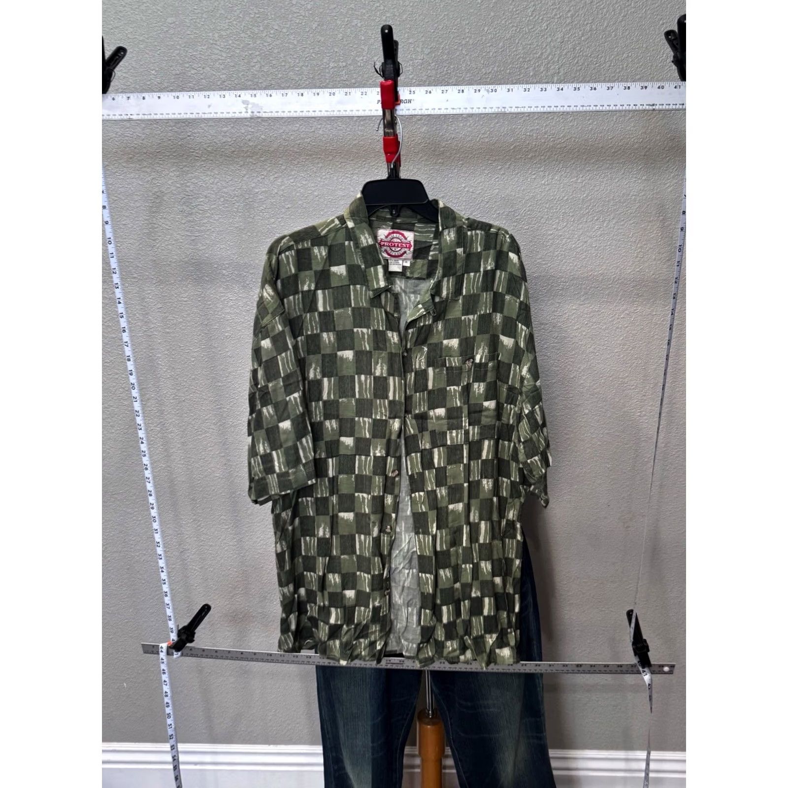 Vintage VTG Protest Green Check Rayon SHORT SLEEVE BUTTON UP SHIRT XL Mens Size US XL / EU 56 / 4 - 2 Thumbnail