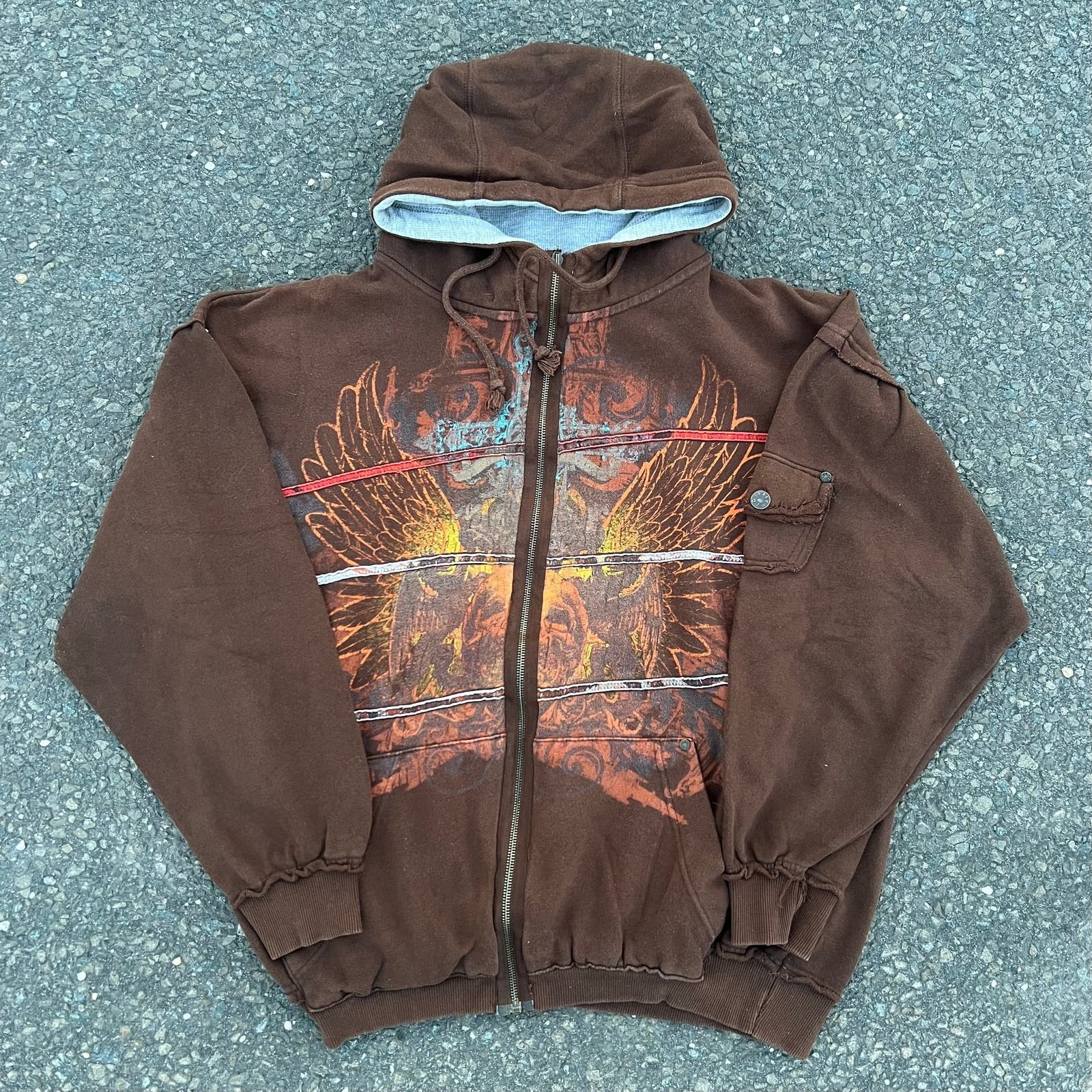 image of Vintage Brown Y2K Style Zip Up Brown Hoodie Sweatshirt, Men's (Size XL)