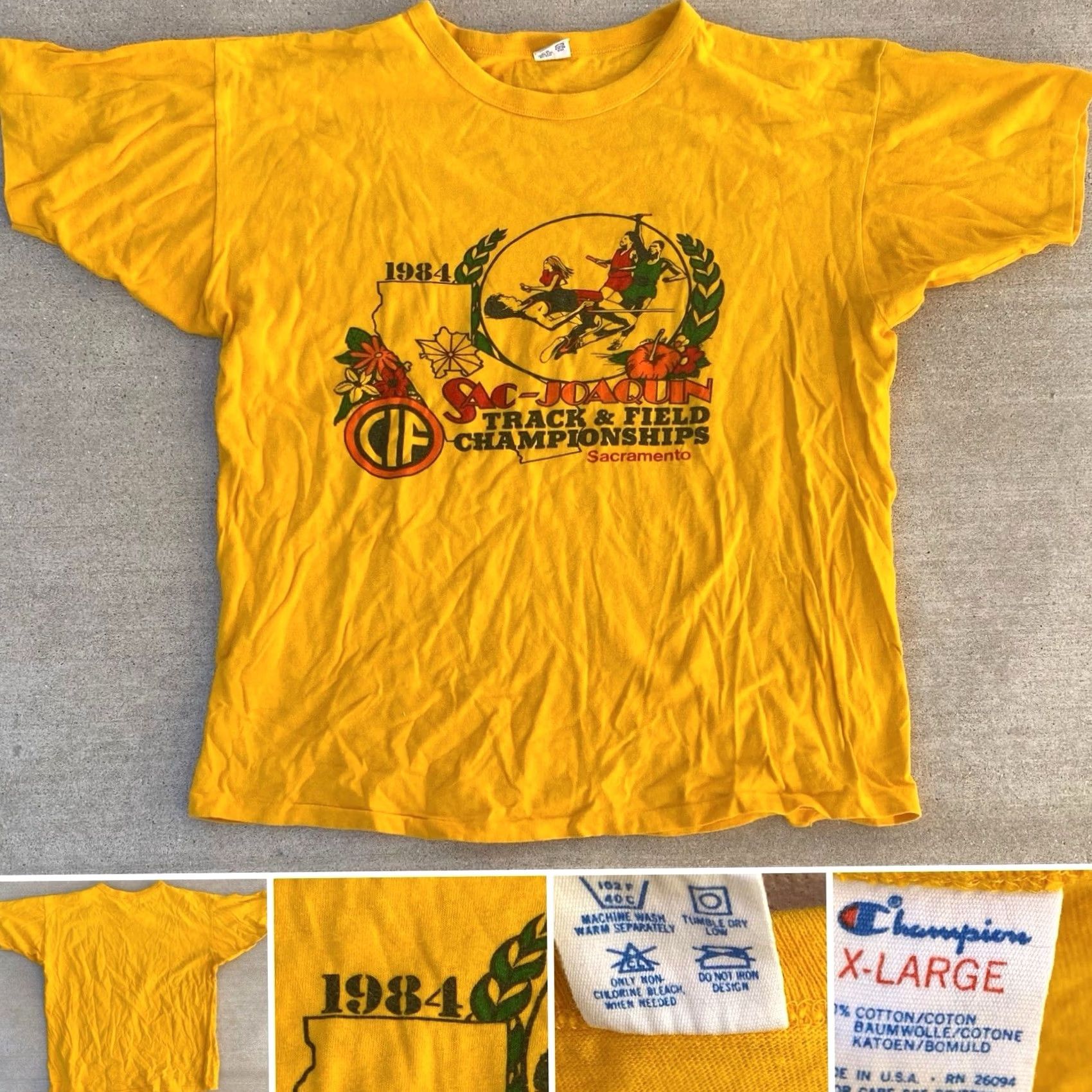 Champion VINTAGE Champion Sacramento T-Shirt XL School Sports 1984 CA 80s California Track & Field Championships Shirt Mens Yellow Size US XL / EU 56 / 4 - 2 Thumbnail