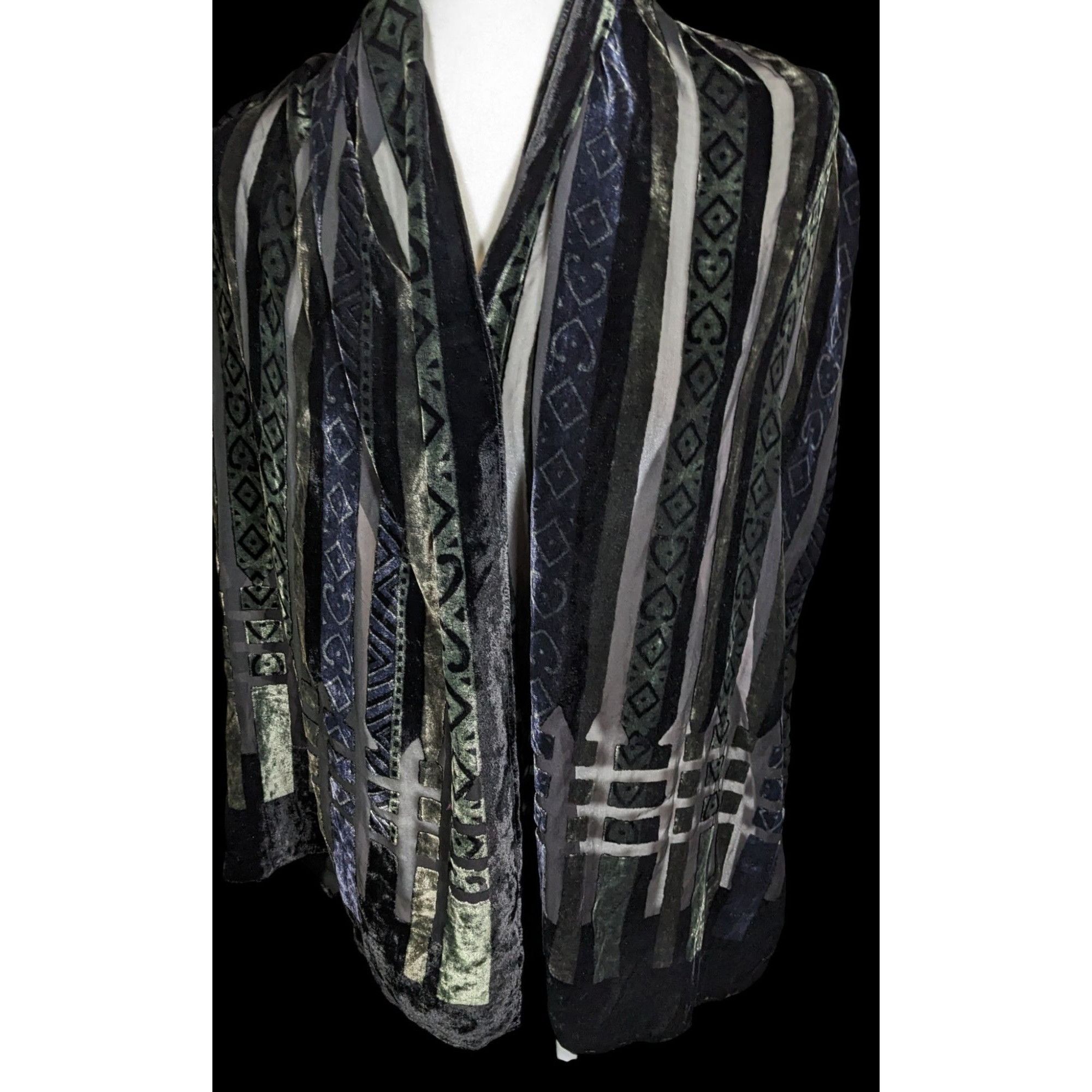 Other Vintage Blue And Green Striped Geometric Velvet Burnout Scar Size ONE SIZE - 2 Thumbnail