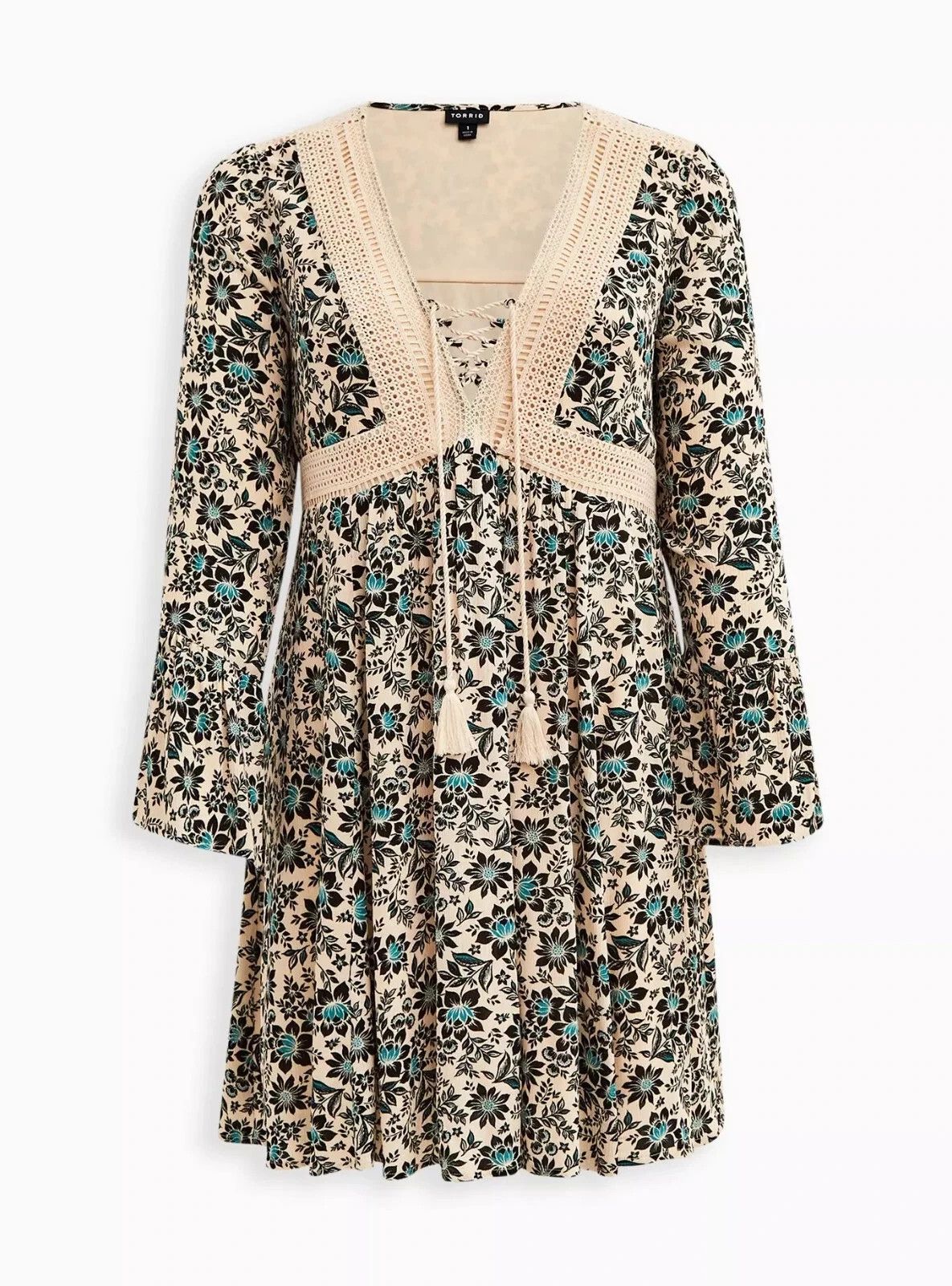 Torrid Torrid Mini Gauze Lace-Up Floral Skater V Neck Dress Beige 1 Size XL / US 12-14 / IT 48-50 - 1 Thumbnail