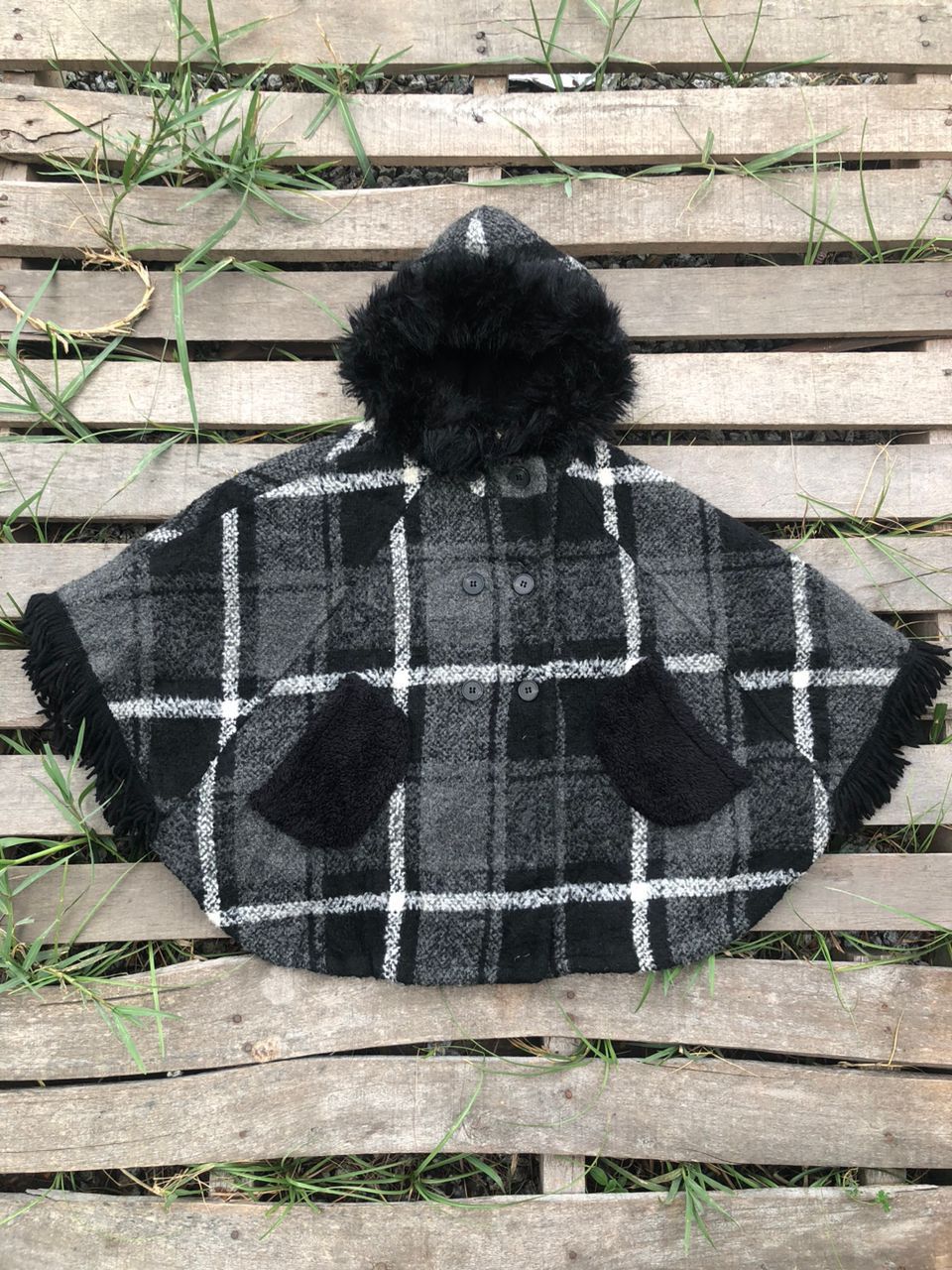 Japanese Brand C.L Plus Checkered Fleece Fur Poncho Size US M / EU 48-50 / 2 - 1 Thumbnail