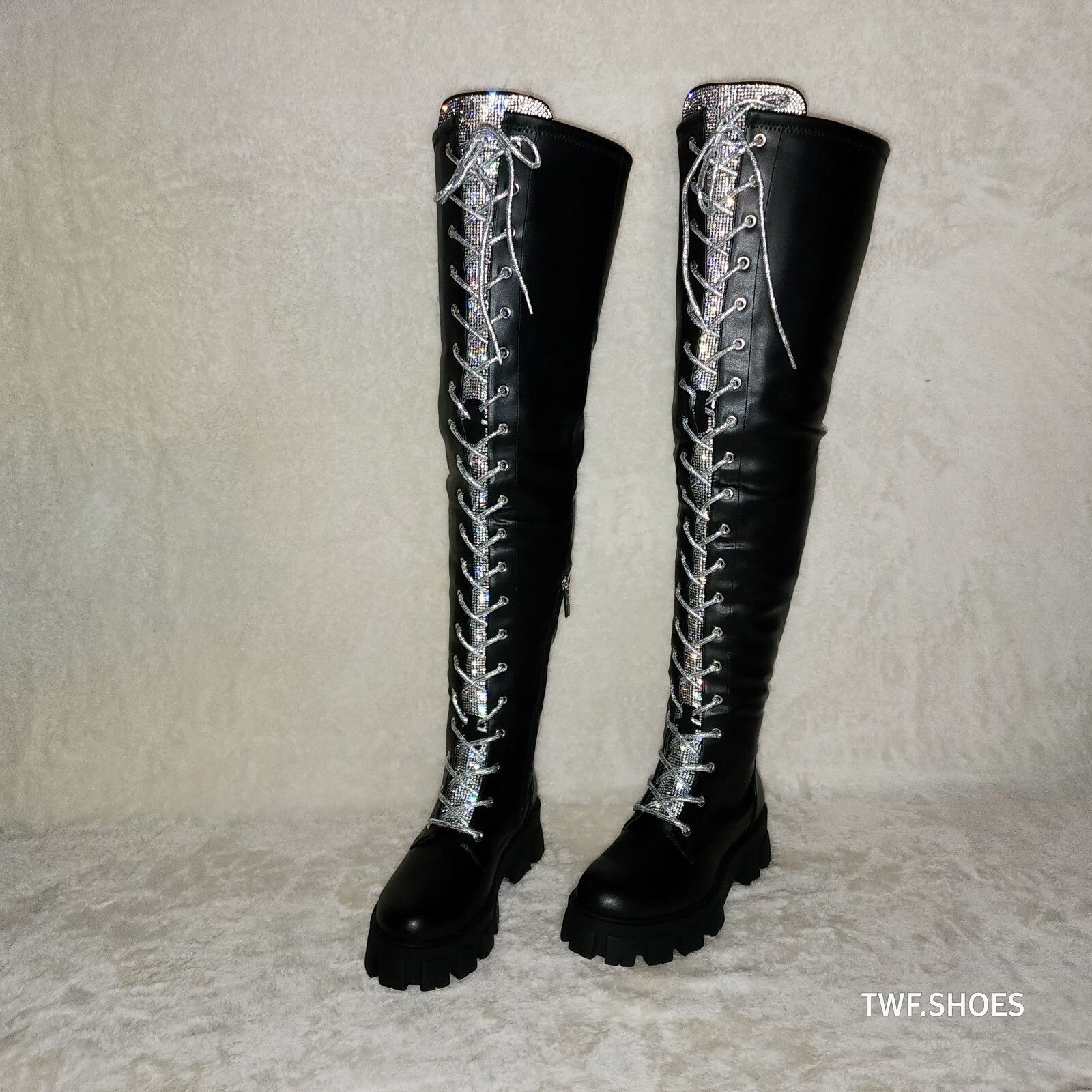 Other Roscoe Black Combat Thigh High Boots Iridescent Rhinestone T Size US 7 / IT 37 - 4 Thumbnail