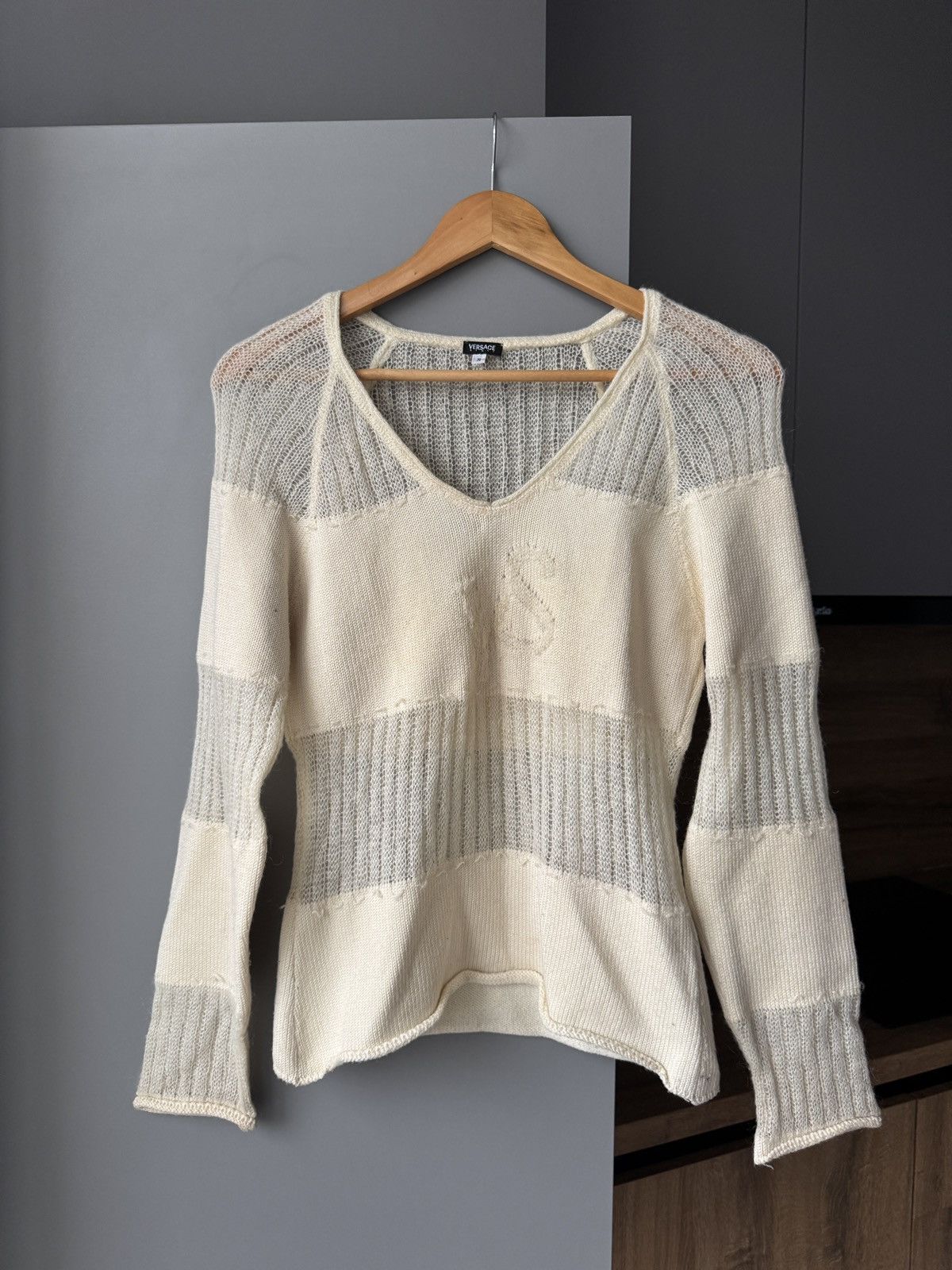 Versace Vintage Versace Sport Knit Logo V-Neck Beige Sweater Size S / US 4 / IT 40 - 1 Thumbnail