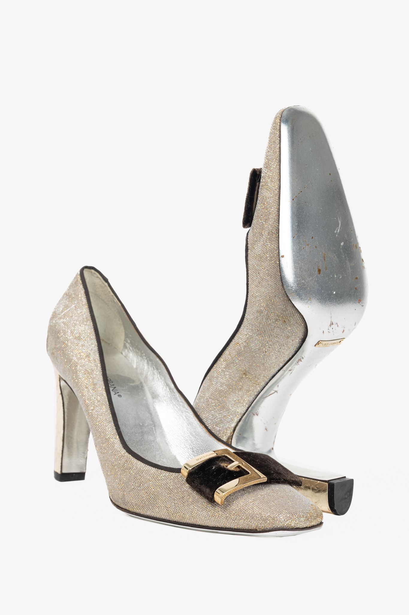 Dolce & Gabbana Dolce & Gabbana Gold Sparkle Velvet-Buckle Pumps Size US 10.5 / IT 40.5 - 4 Thumbnail