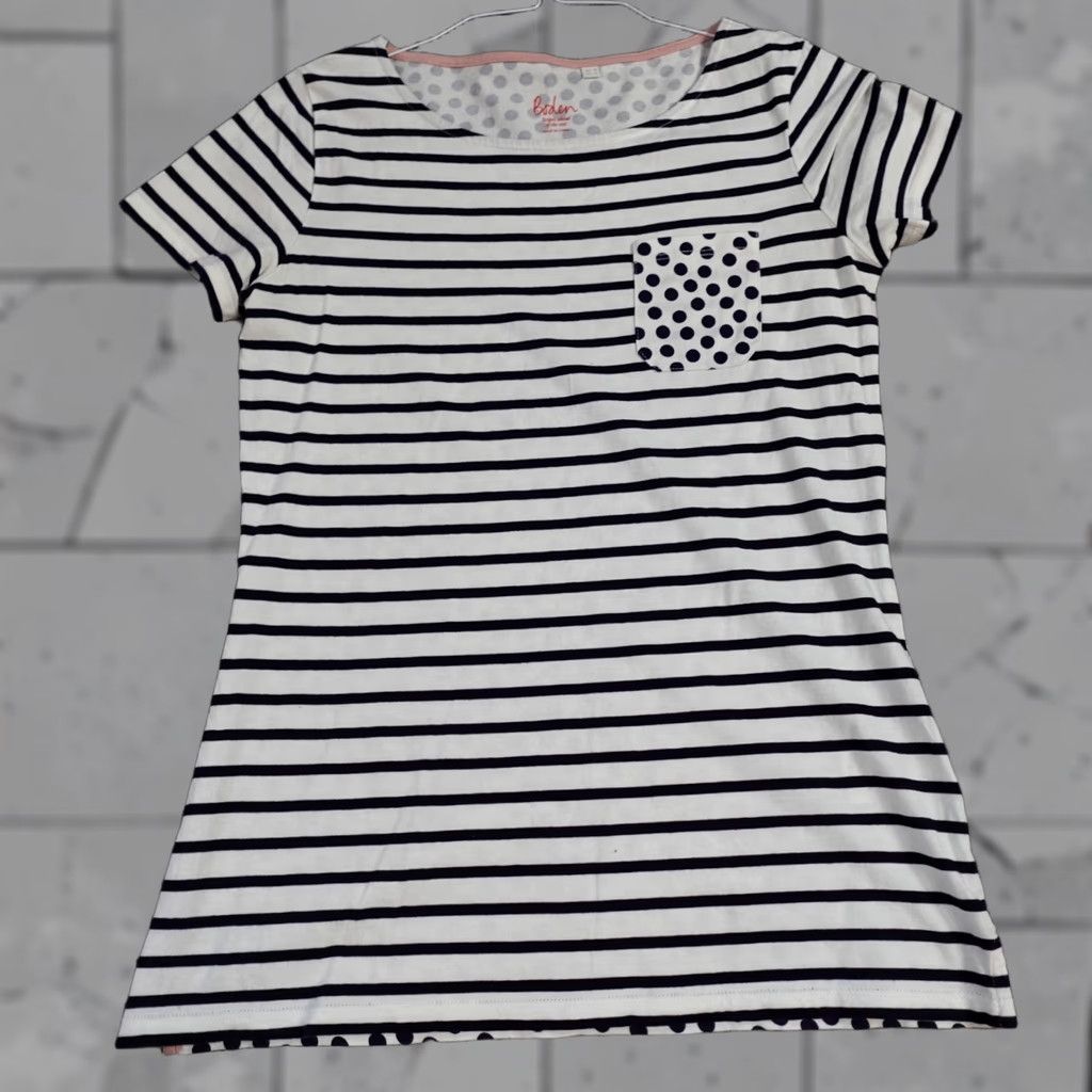 Boden Boden Womens T-Shirt White Breton Striped Polka Dot Pocket Double Sided Crew Neck Short Sleeve 4 Jersey Cotton Size S / US 4 / IT 40 - 1 Thumbnail