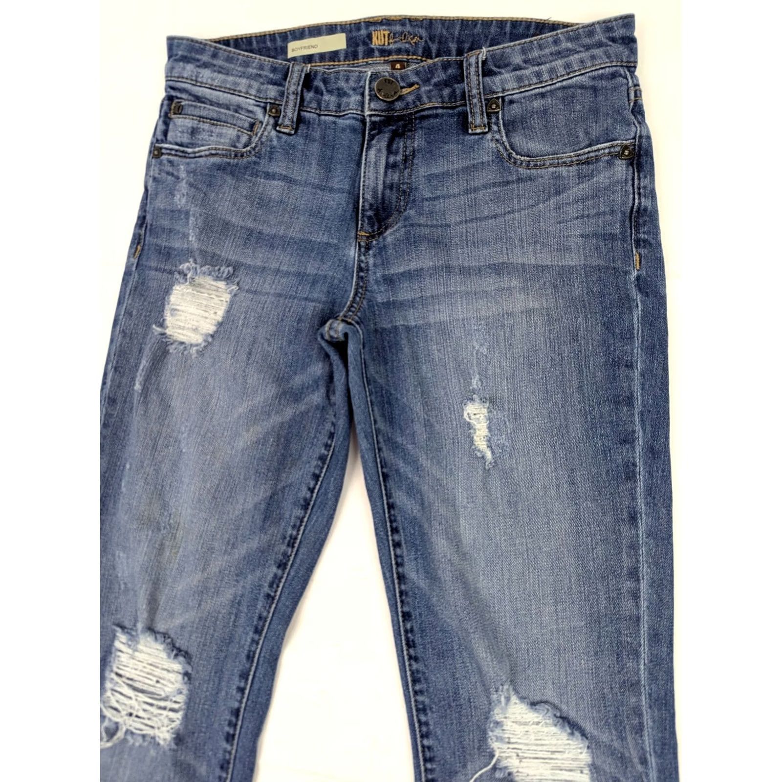 Vintage KUT from the Kloth Catherine Boyfriend Jeans Women 4 Blue Distressed 30x29 Regular Rise Mid 5-Pocket Denim Cotton Blend Spandex Size 27" / US 4 / IT 40 - 2 Thumbnail