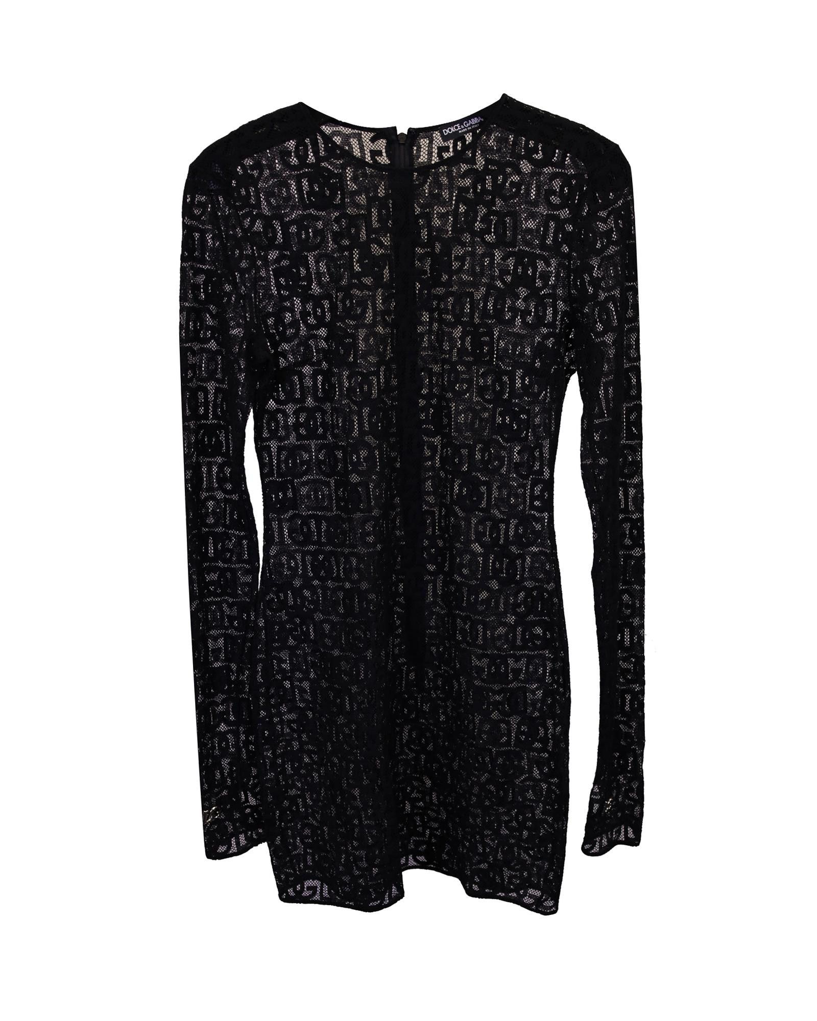 image of Dolce Gabbana Allover Logo Tulle Mini Dress In Black Cotton, Women's (Size Medium)