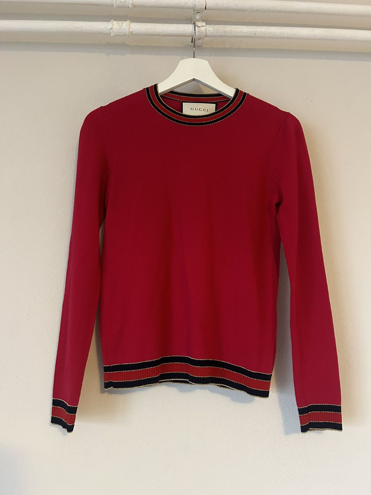 Gucci Gucci Red Wool Crewneck Sweater with Metallic Trim - Size S Size S / US 4 / IT 40 - 1 Thumbnail