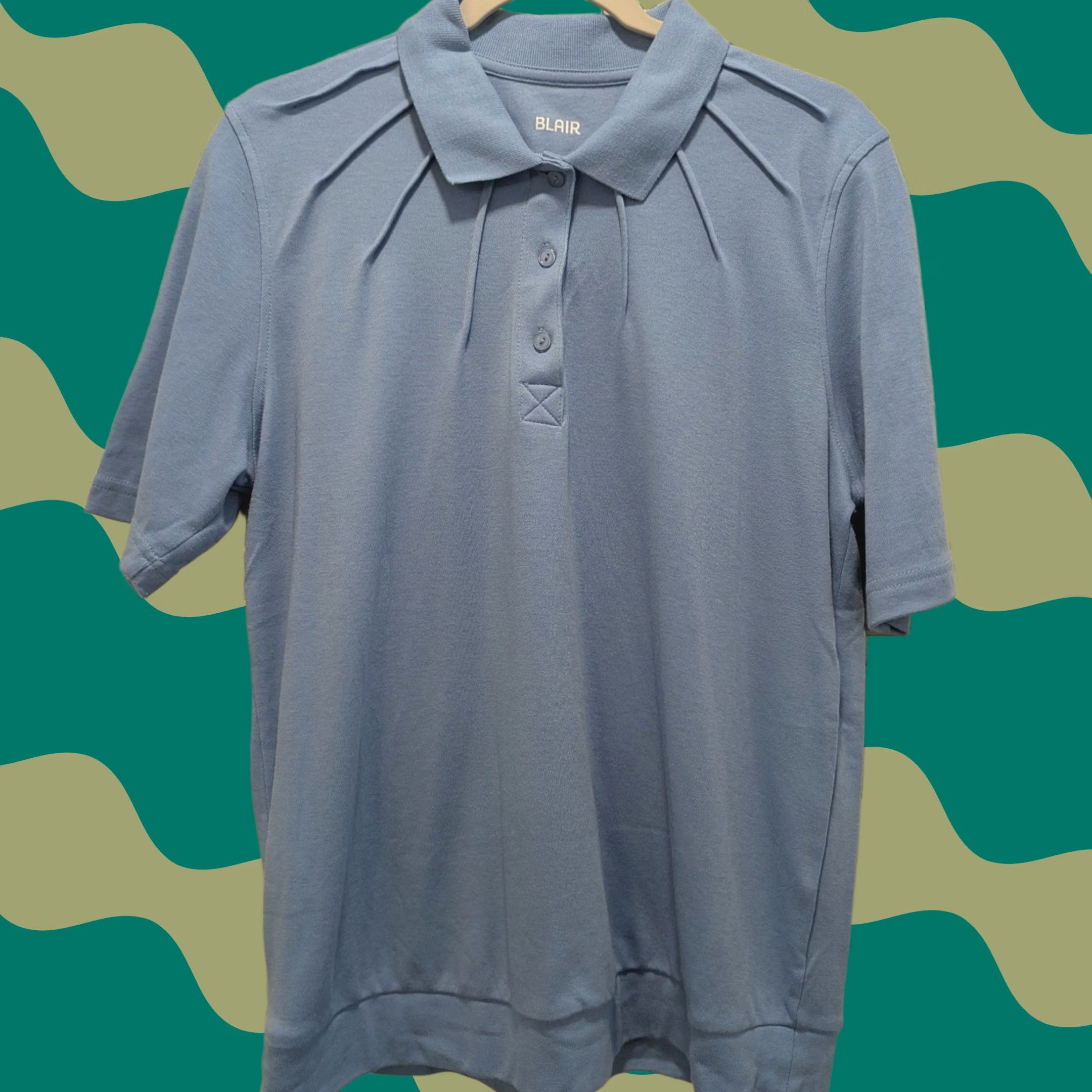 Blair Blair Short Sleeve Polo Shirt Light Blue Collared Button Pleated Tuck Women Size L Size L / US 10 / IT 46 - 1 Thumbnail