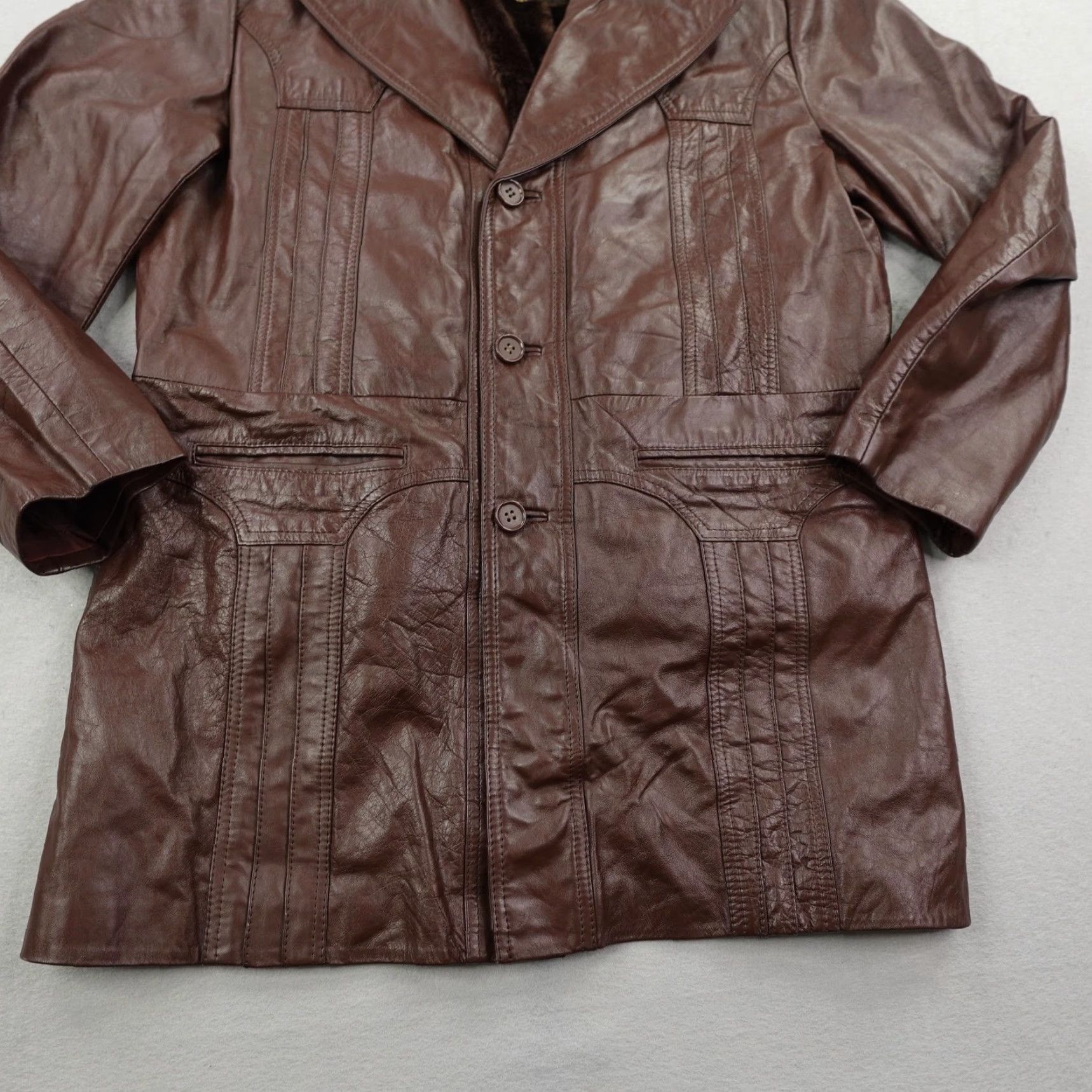 Vintage VINTAGE Montgomery Ward Brown Leather Coat 42 Tall Softshell Jacket 70s Classic Mens Size US XS / EU 42 / 0 - 3 Thumbnail