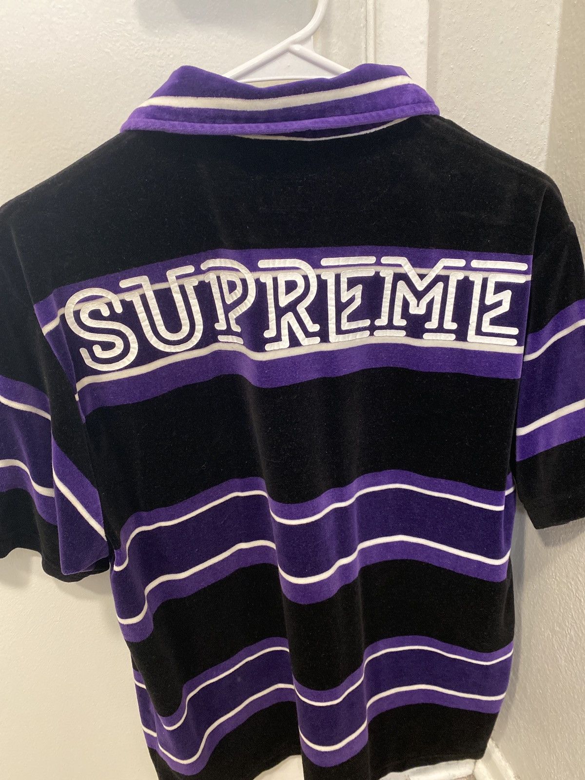 Supreme Supreme Stripe Velour Polo Purple | Grailed